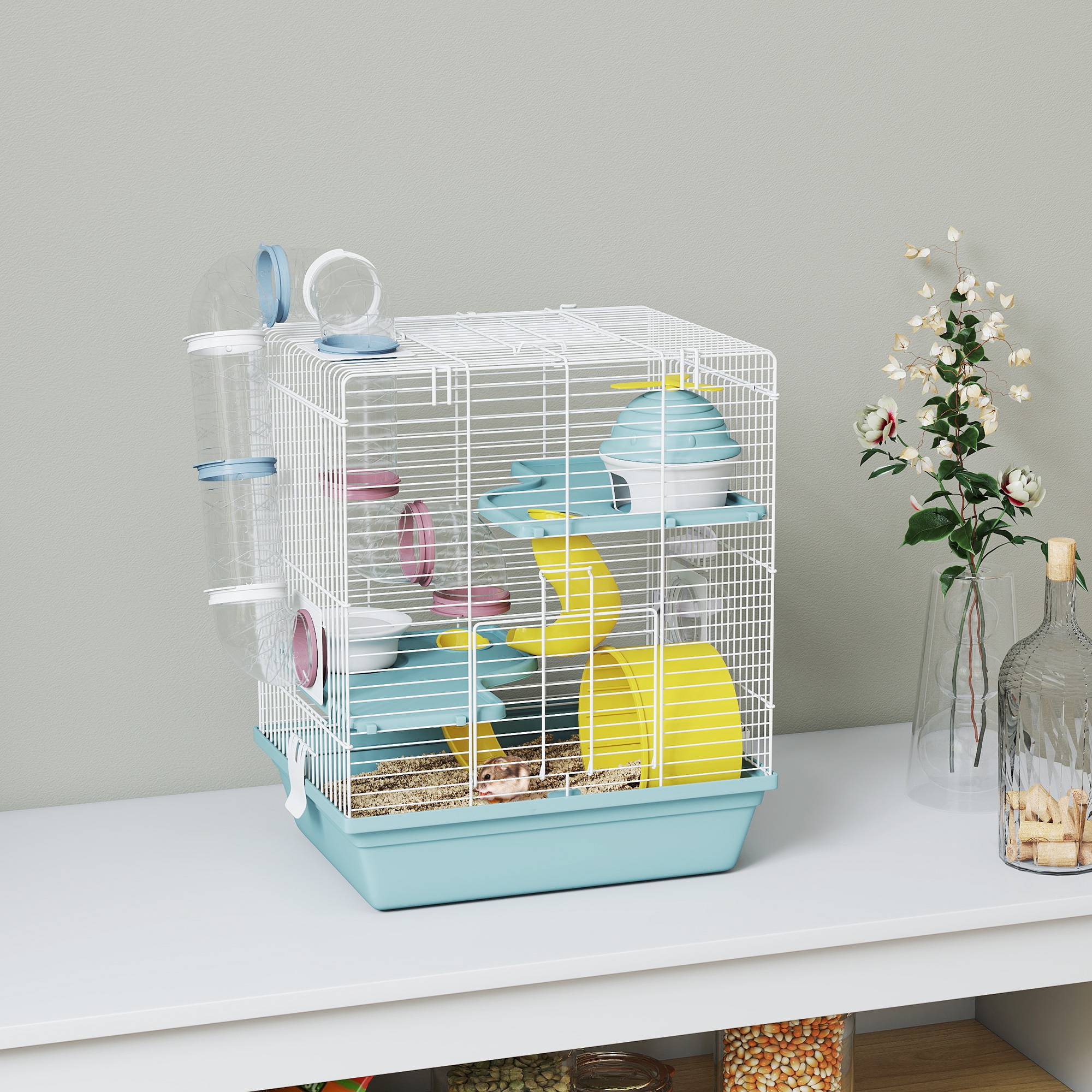 Cage hamster rongeur 3 niveaux, roue, tunnel de jeu, gamelle, cabane, 34,5x27,5x41cm, bleu - Image 3