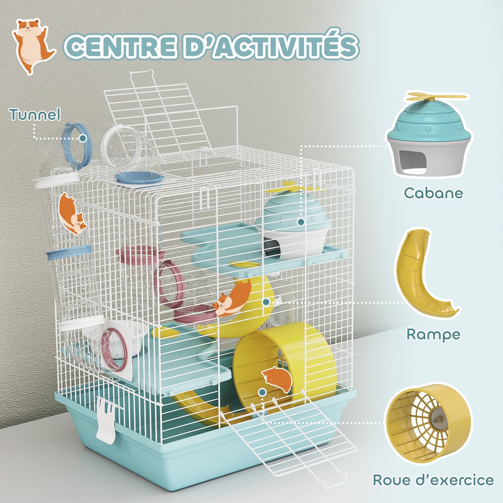 Cage hamster rongeur 3 niveaux, roue, tunnel de jeu, gamelle, cabane, 34,5x27,5x41cm, bleu - Image 7