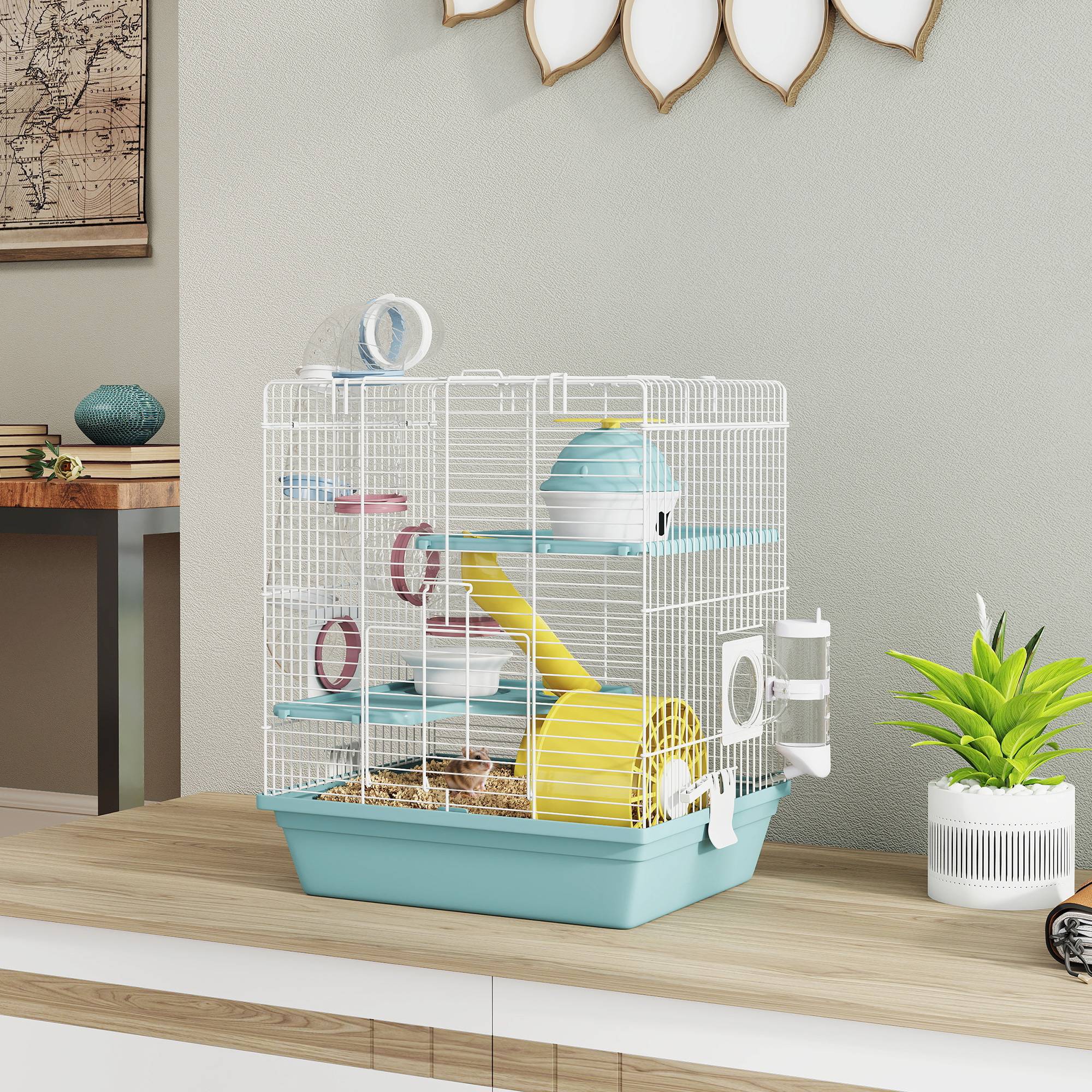 Cage hamster rongeur 3 niveaux, roue, tunnel de jeu, gamelle, cabane, 34,5x27,5x41cm, bleu - Image 4