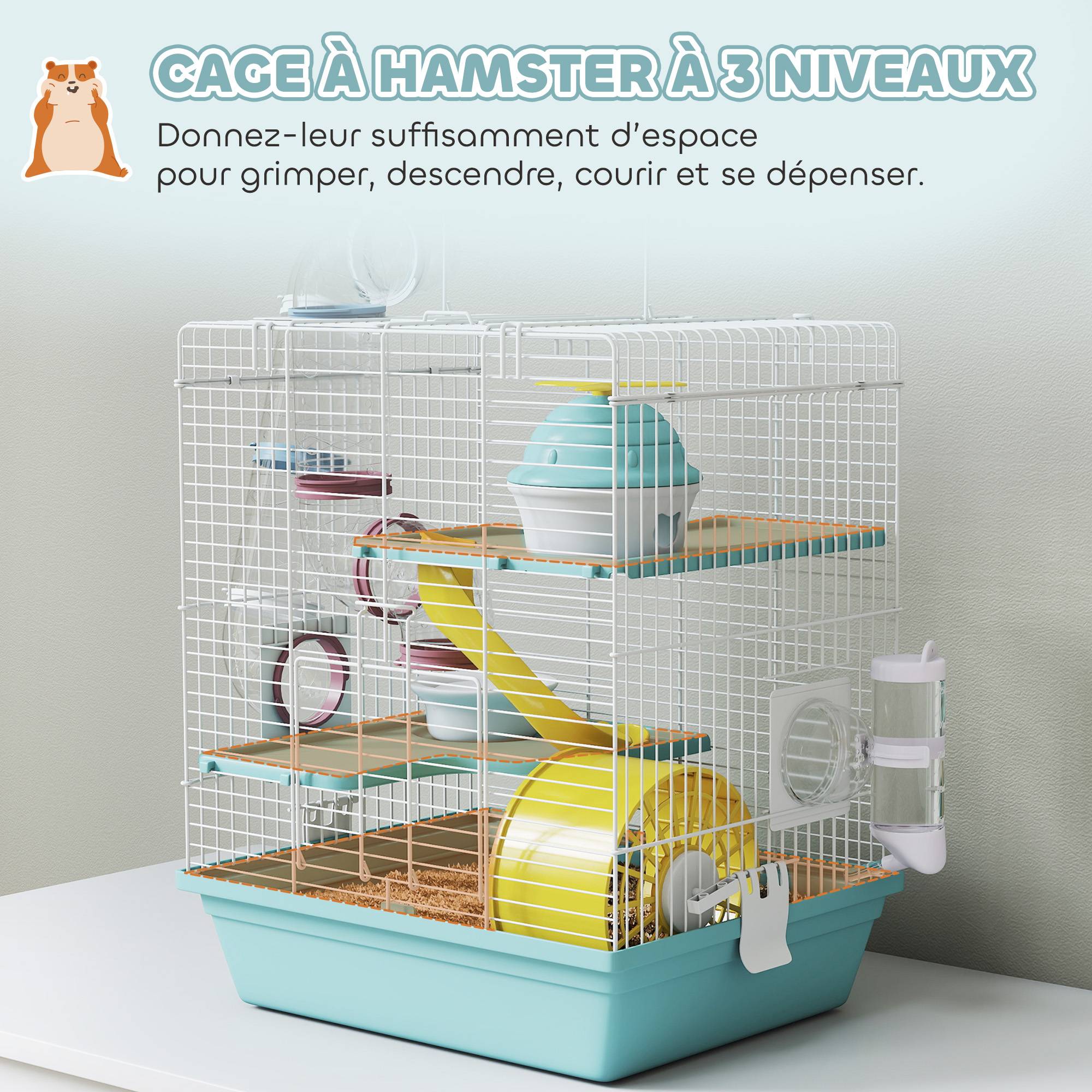 Cage hamster rongeur 3 niveaux, roue, tunnel de jeu, gamelle, cabane, 34,5x27,5x41cm, bleu - Image 6