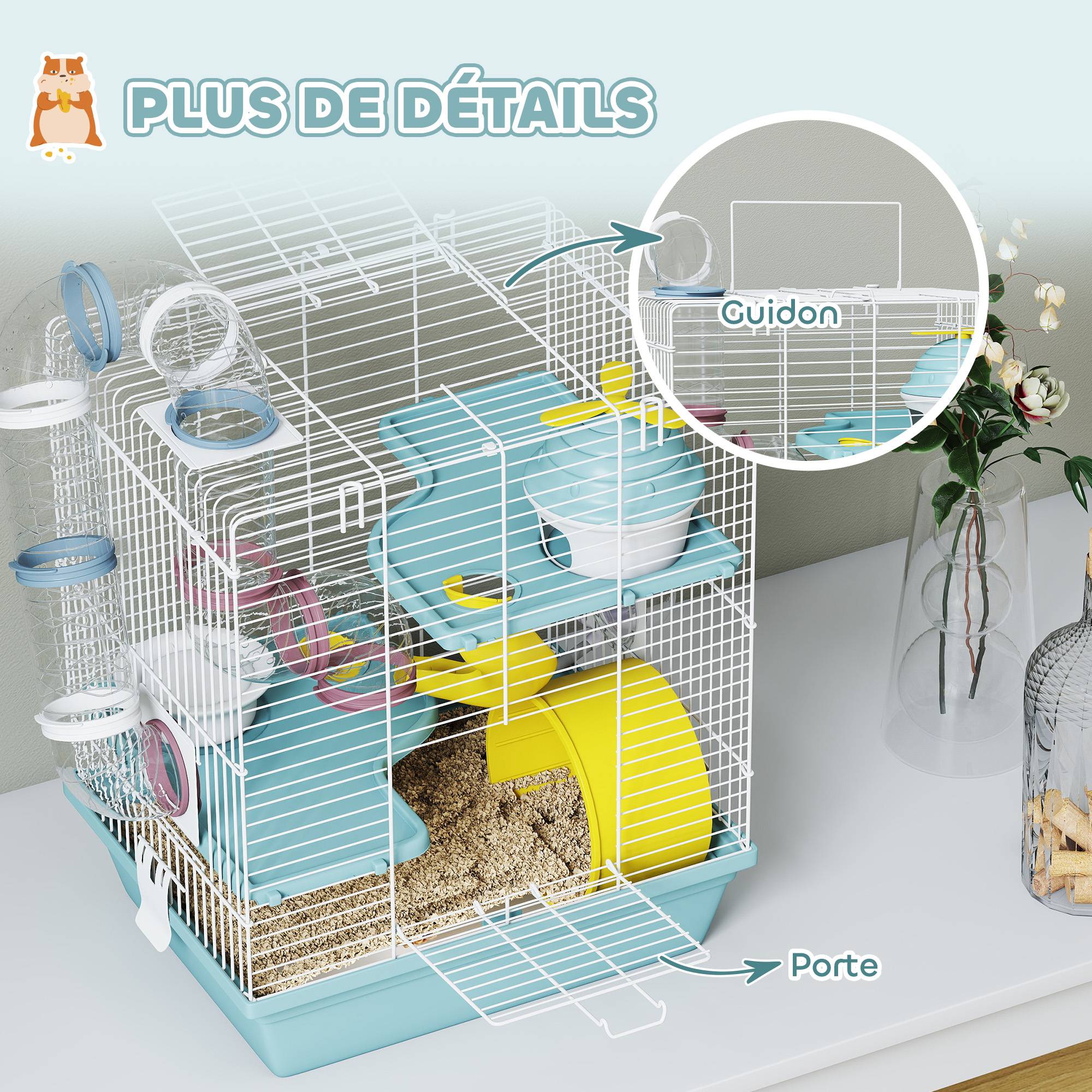 Cage hamster rongeur 3 niveaux, roue, tunnel de jeu, gamelle, cabane, 34,5x27,5x41cm, bleu - Image 9