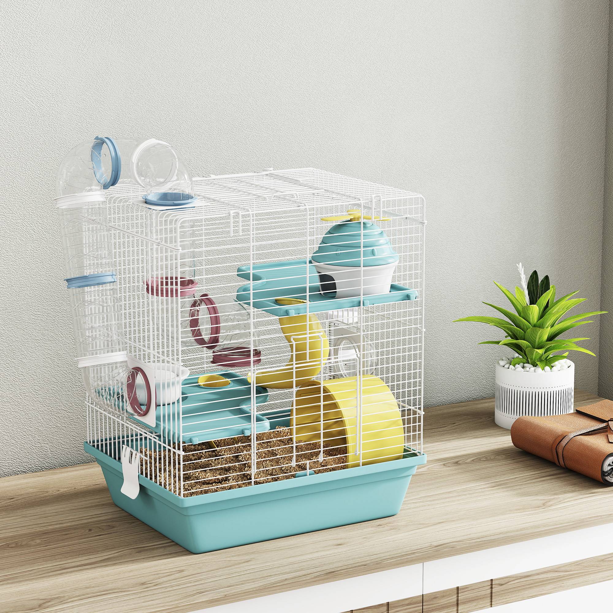 Cage hamster rongeur 3 niveaux, roue, tunnel de jeu, gamelle, cabane, 34,5x27,5x41cm, bleu - Image 10