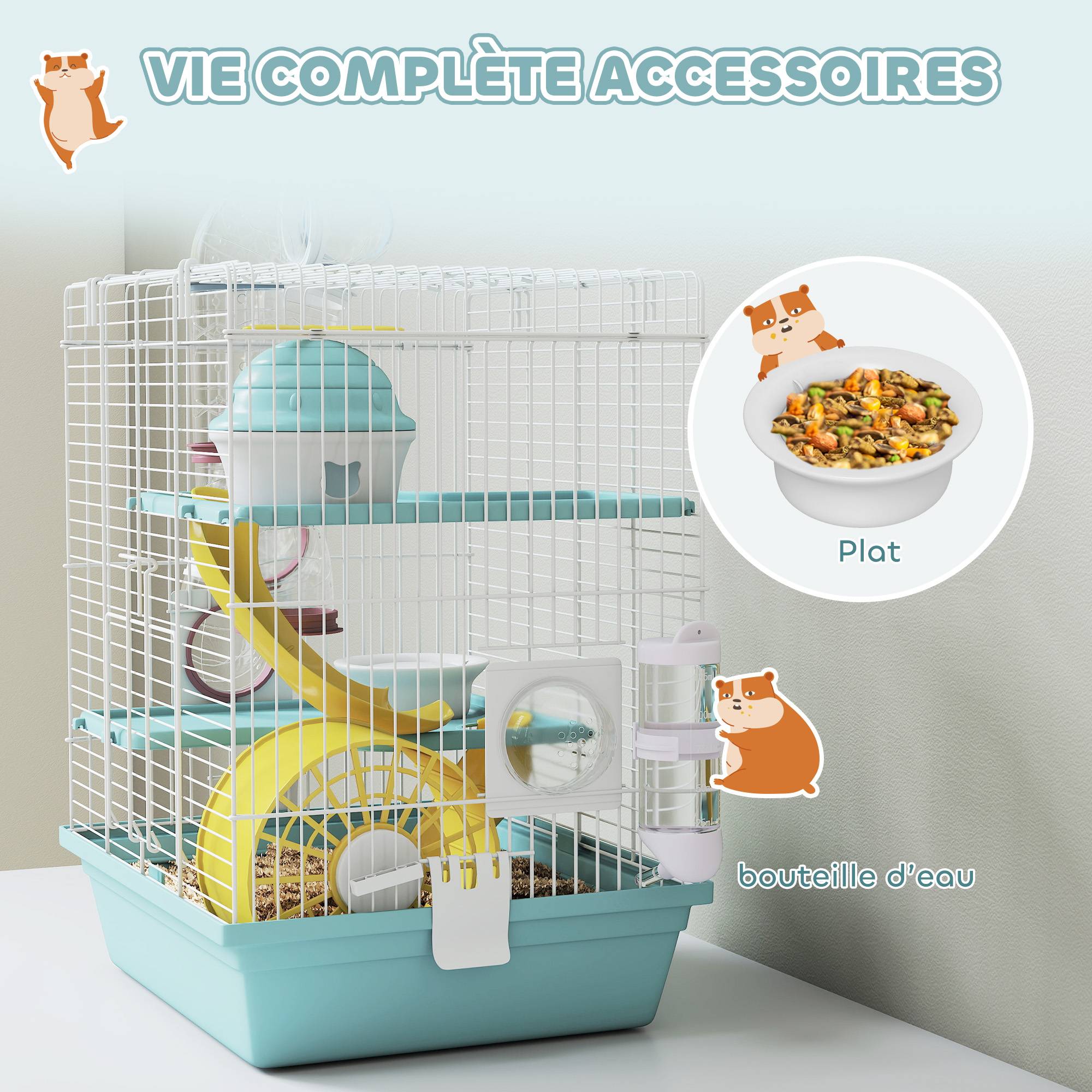 Cage hamster rongeur 3 niveaux, roue, tunnel de jeu, gamelle, cabane, 34,5x27,5x41cm, bleu - Image 8
