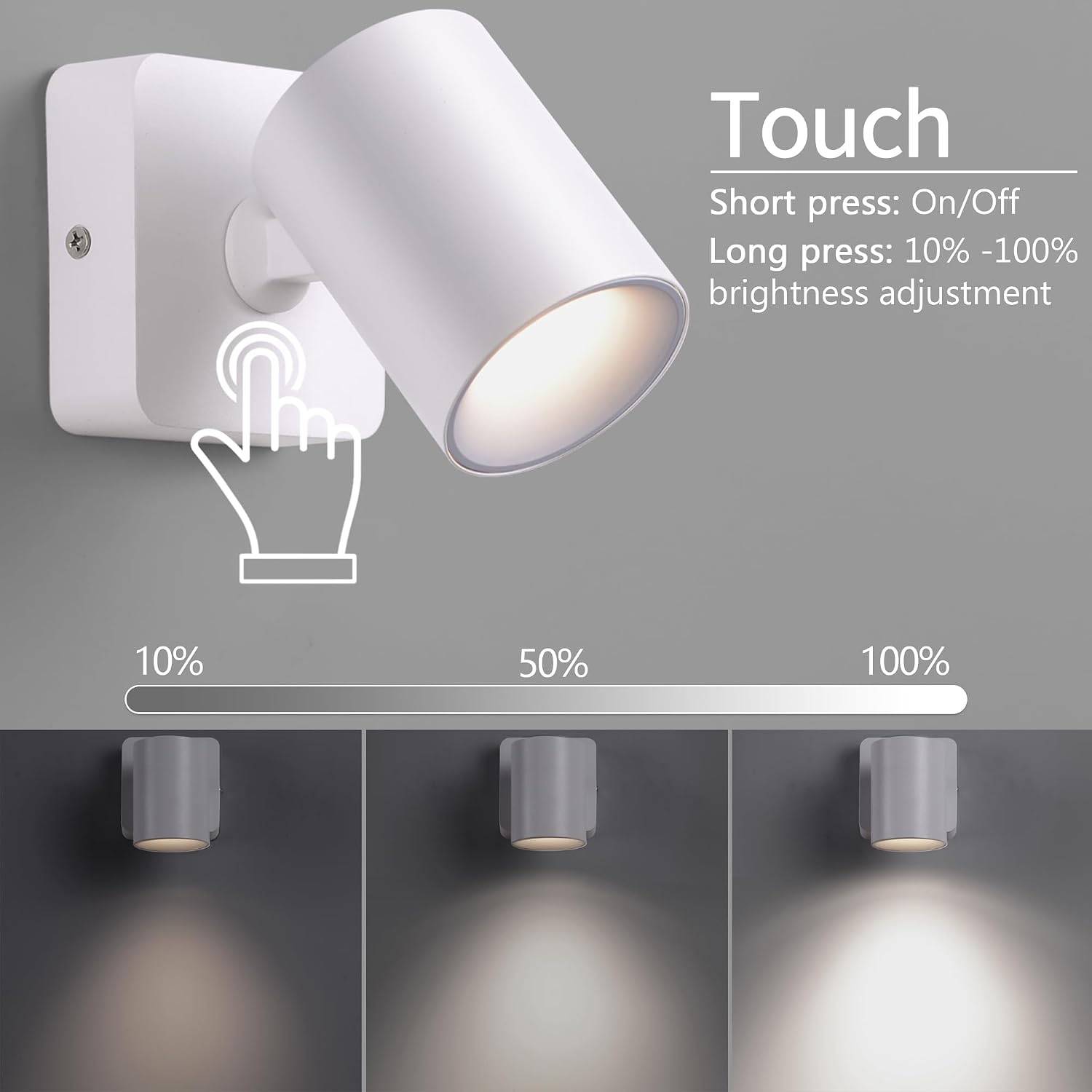 8 in 1 - Applique Murale Intérieur LED 5W Tactile Dimmable Rotatif 350° 3000K Blanc Chaud pour Salon Chambre Escalier Couloir Bureau Blanc - Image 2