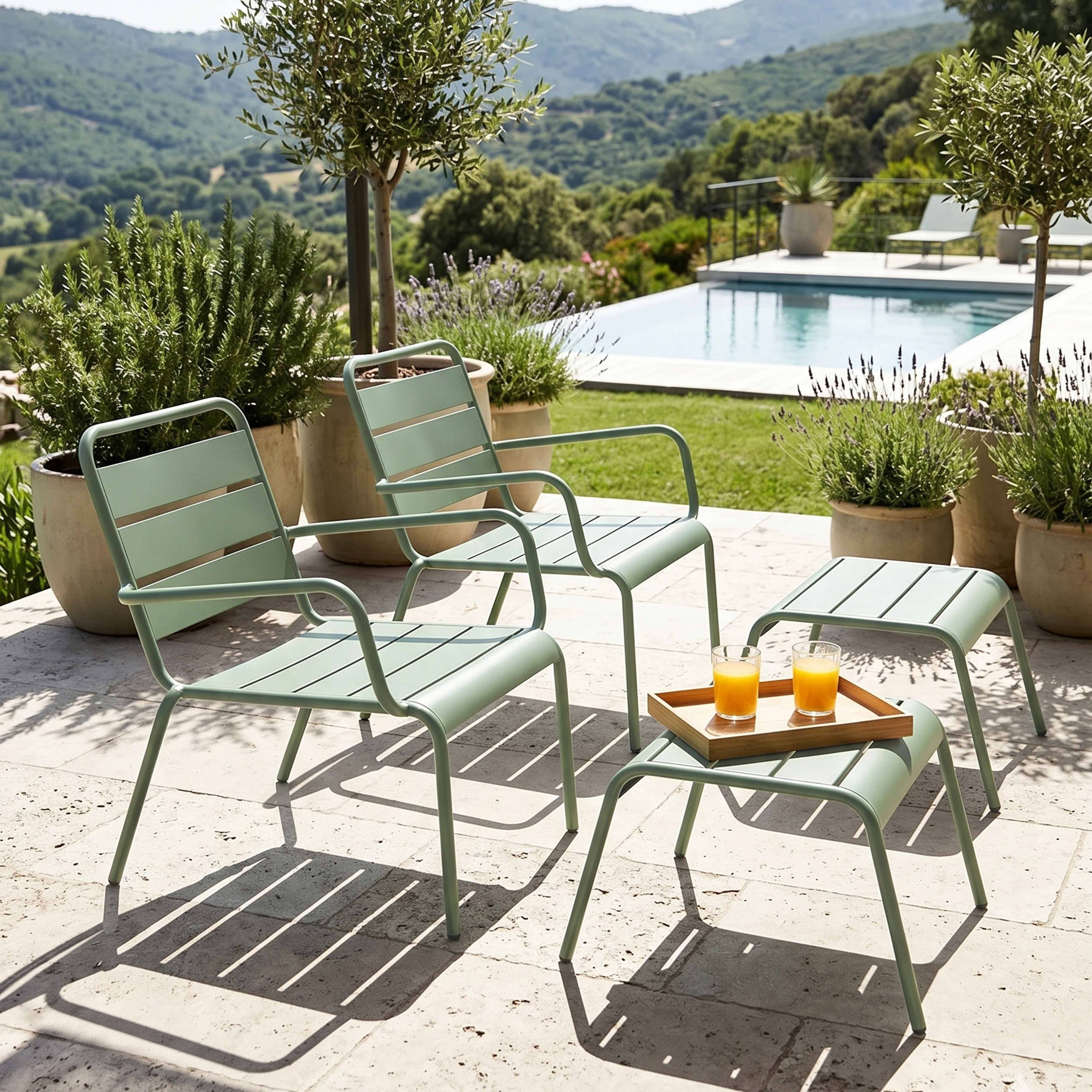 Oviala - Lot de 2 fauteuils relax avec repose-pieds en métal vert sauge Palavas - Oviala - Image 2