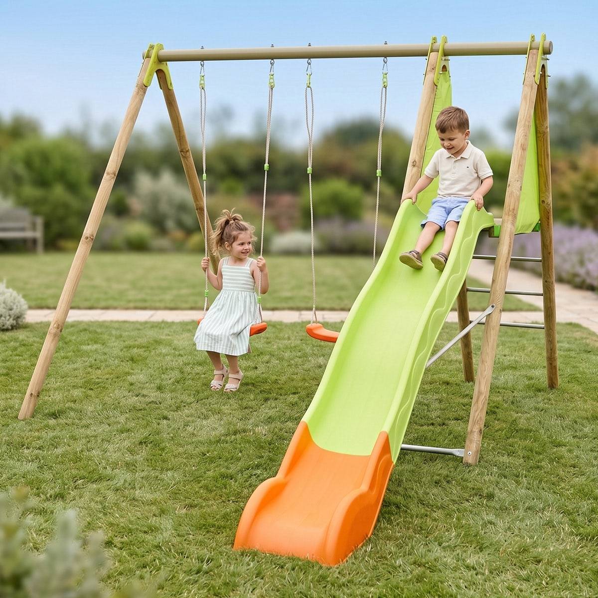 Trigano Jardin - Station de jeux bois poutre métal 2,30 m Techwood ARROBA - 4 enfants - Image 2
