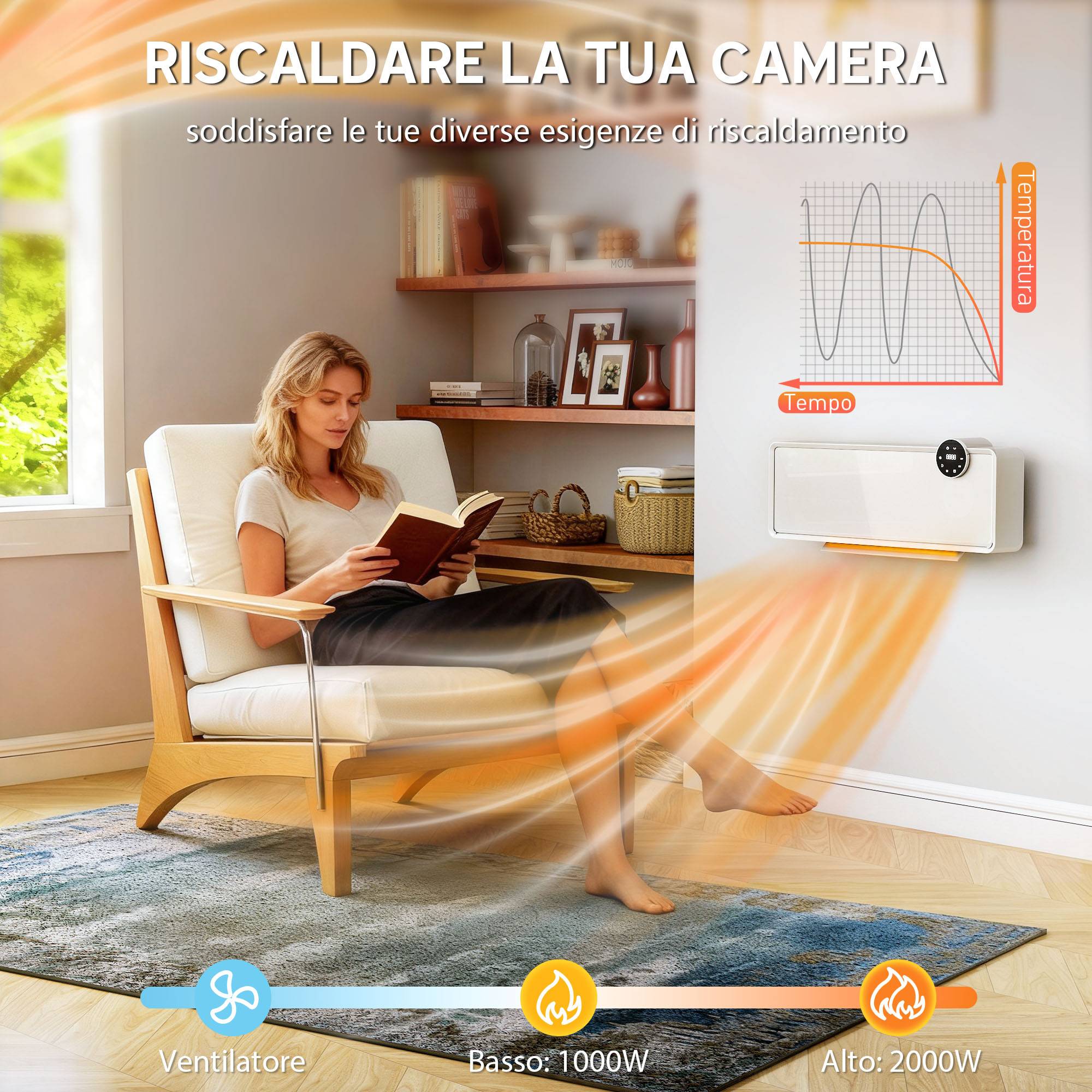 Radiateur électrique mural en céramique 2000 W avec 3 modes, température réglable, minuterie et télécommande, blanc - Image 7