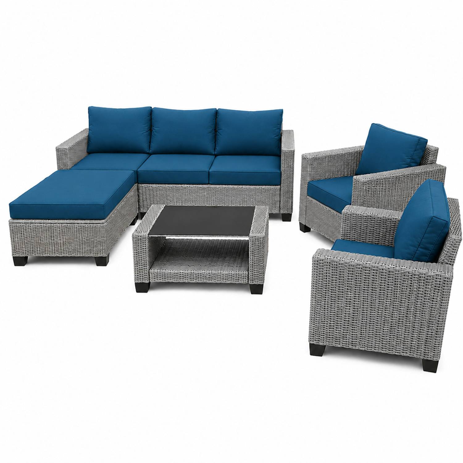 Salon de jardin 6 places modulable en résine tressée gris et bleu MARABO
