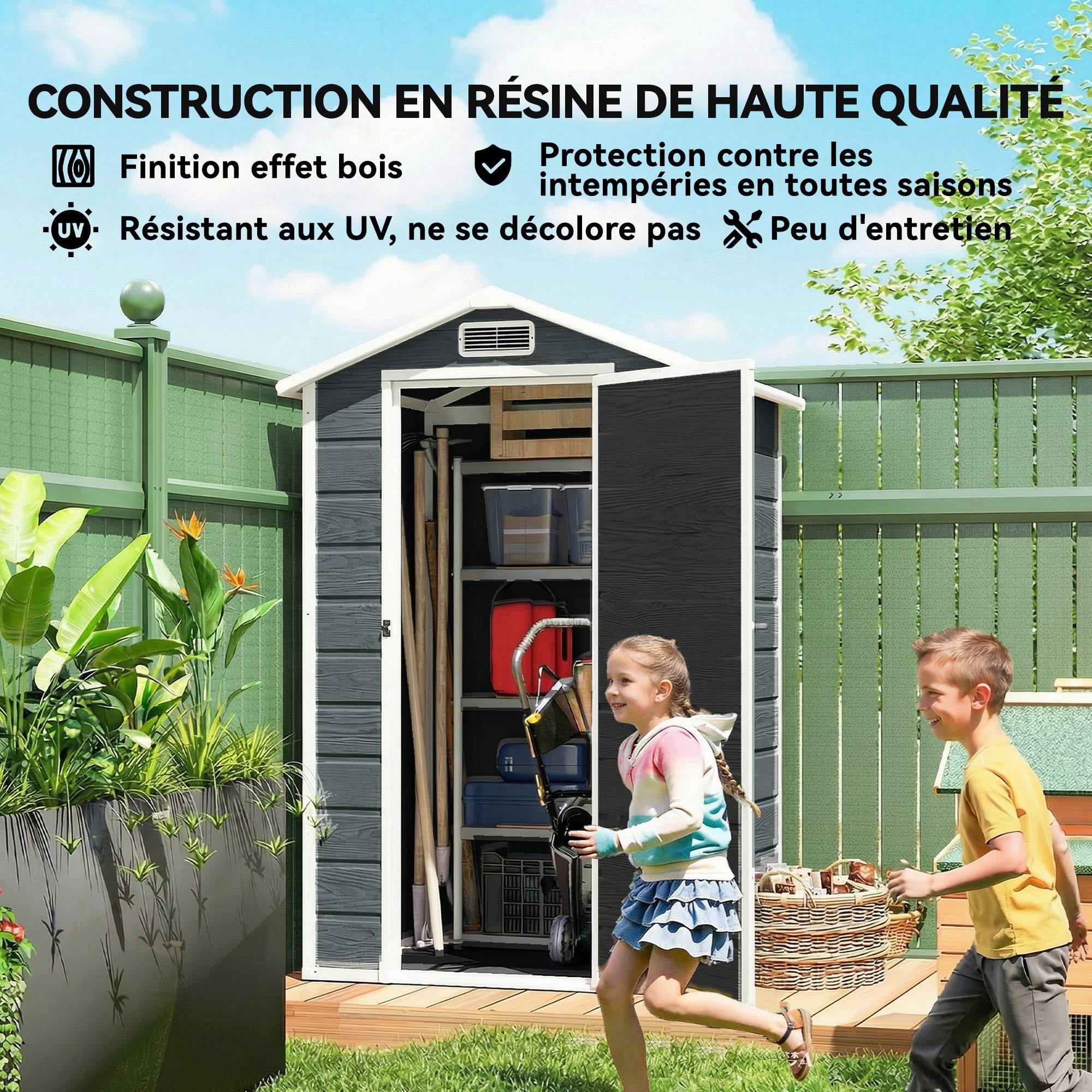 Abri de jardin en plastique avec plancher porte verrouillable fenêtre et ventilation 128 x 104 x196 cm gris - Image 10