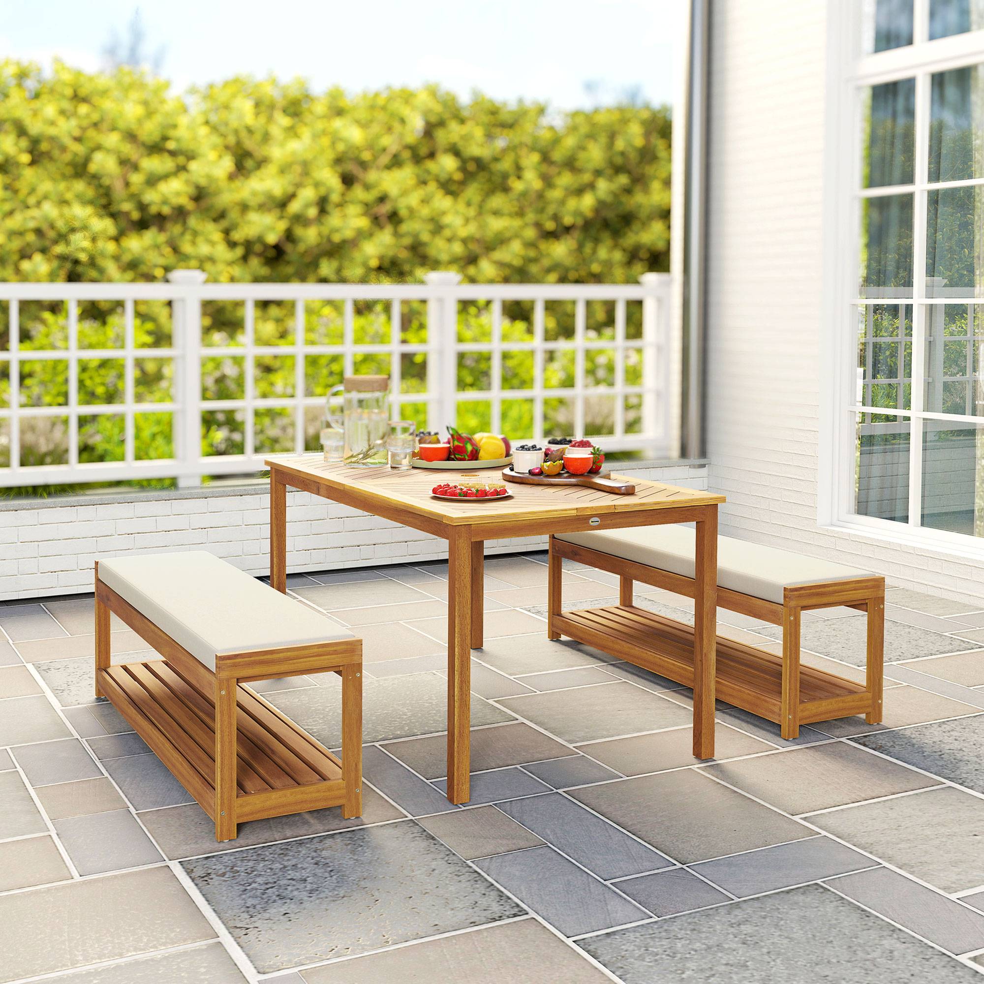 Ensemble de jardin 3 pièces : table à manger (trou parasol) + 2 bancs, 150x85x75 cm, teck - Image 8