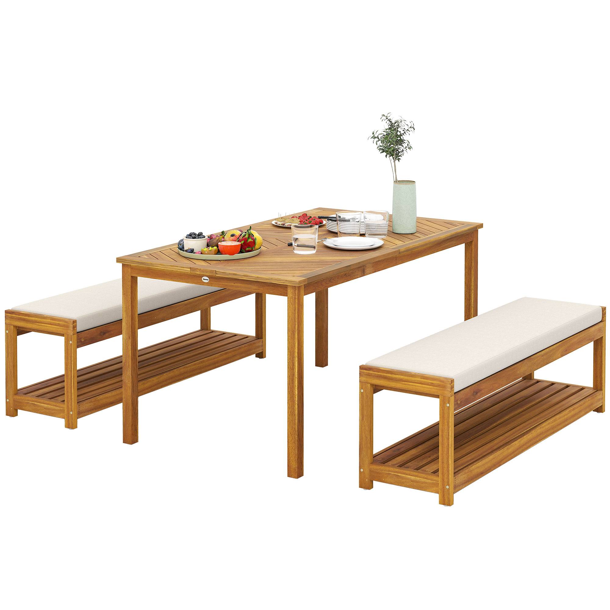 Ensemble de jardin 3 pièces : table à manger (trou parasol) + 2 bancs, 150x85x75 cm, teck - Image 1