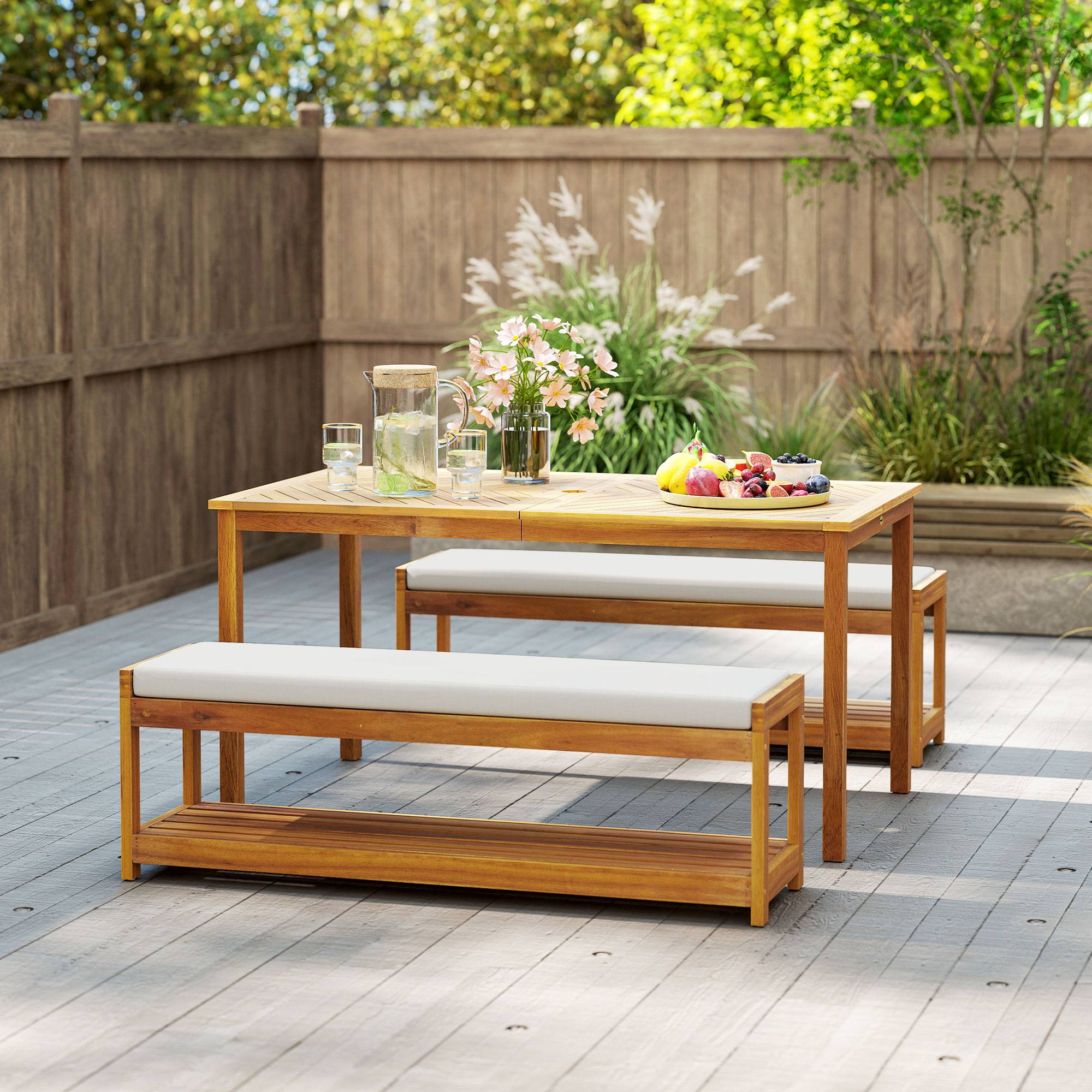 Ensemble de jardin 3 pièces : table à manger (trou parasol) + 2 bancs, 150x85x75 cm, teck - Image 9
