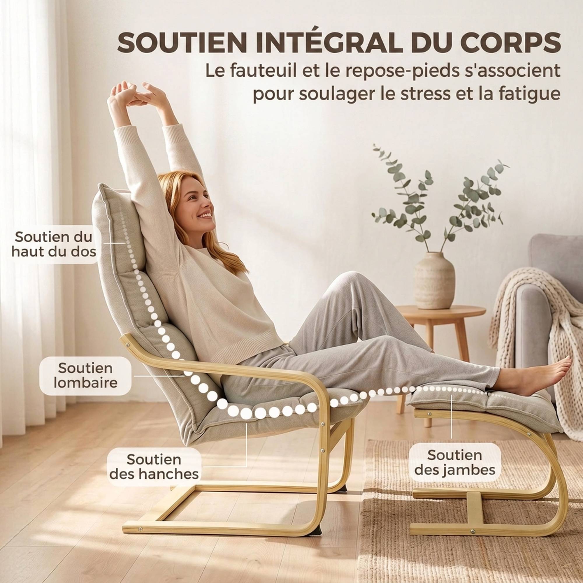 Fauteuil de Salon avec Repose-Pied, Fauteuil d'Appoint en Lin, Assise Large, Dossier Haut, Bascule Douce, Beige - Image 8
