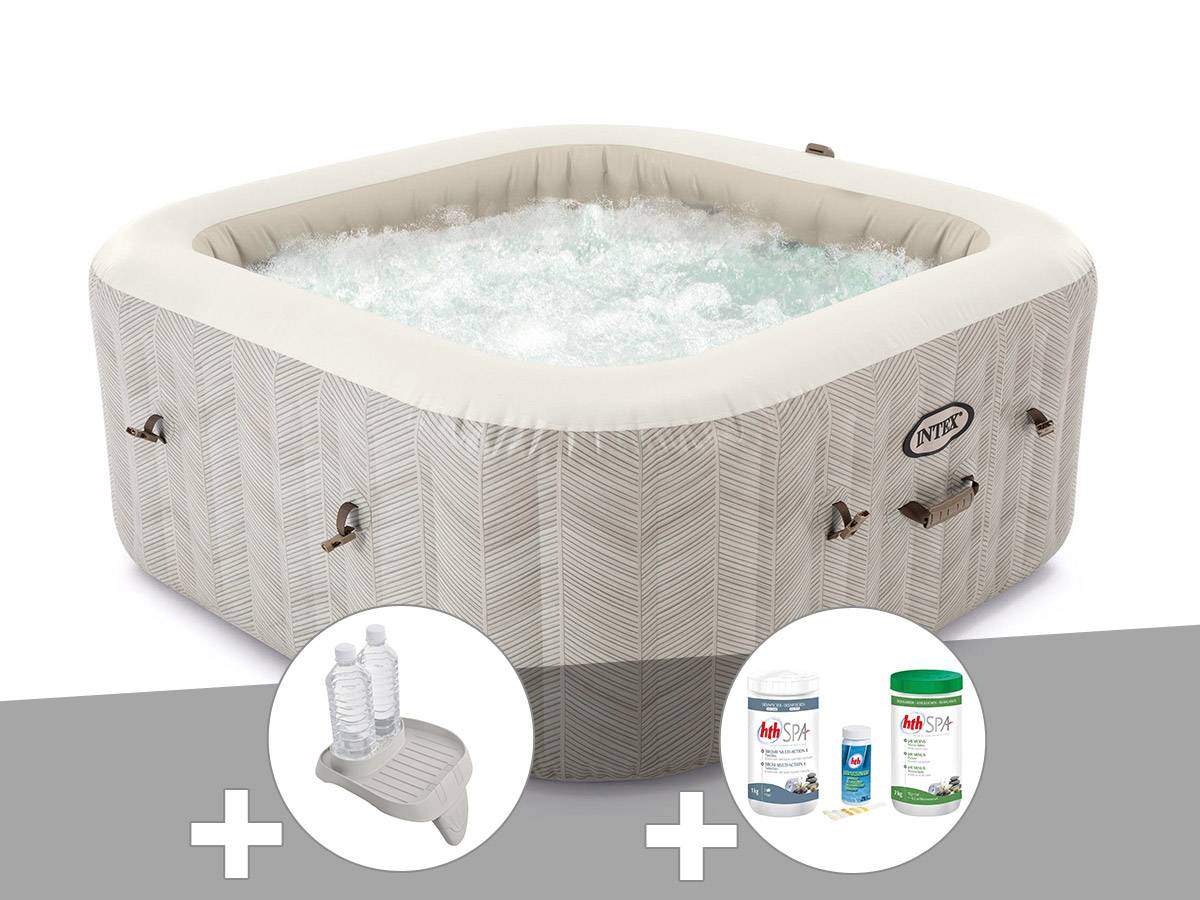 Kit spa gonflable Intex PureSpa Chevron carré Bulles 4 places + Porte-verre + Kit de traitement brome