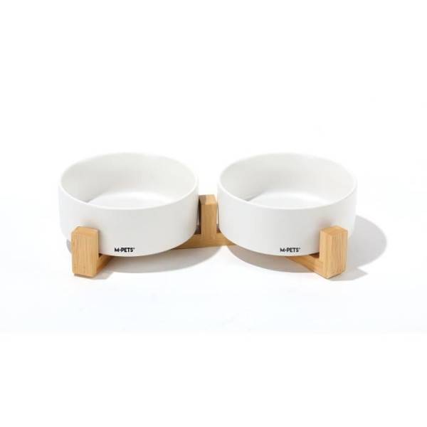 Bols céramique avec support en bambou 2x350 ml - Mpets - OPERA - Blanc - Image 1