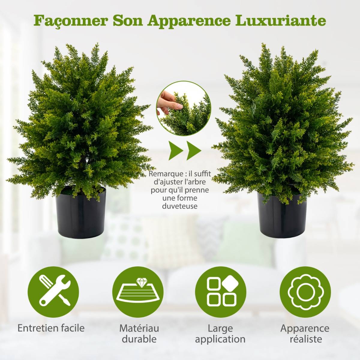 Plante Artificiel Lot de 2 Boule Topiaire Cyprès 33 x 54 cm (Dia. x H) Pots Inclus Décoration Intérieur Extérieur - Image 7