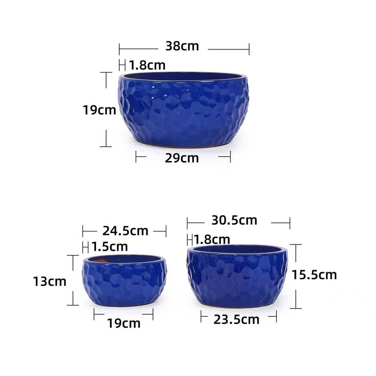 Lot de 3 Pots de Fleurs en Céramique Intérieur Extérieur Texturé Bleu Cobalt - ComfortXL Outdoor Living - Image 3