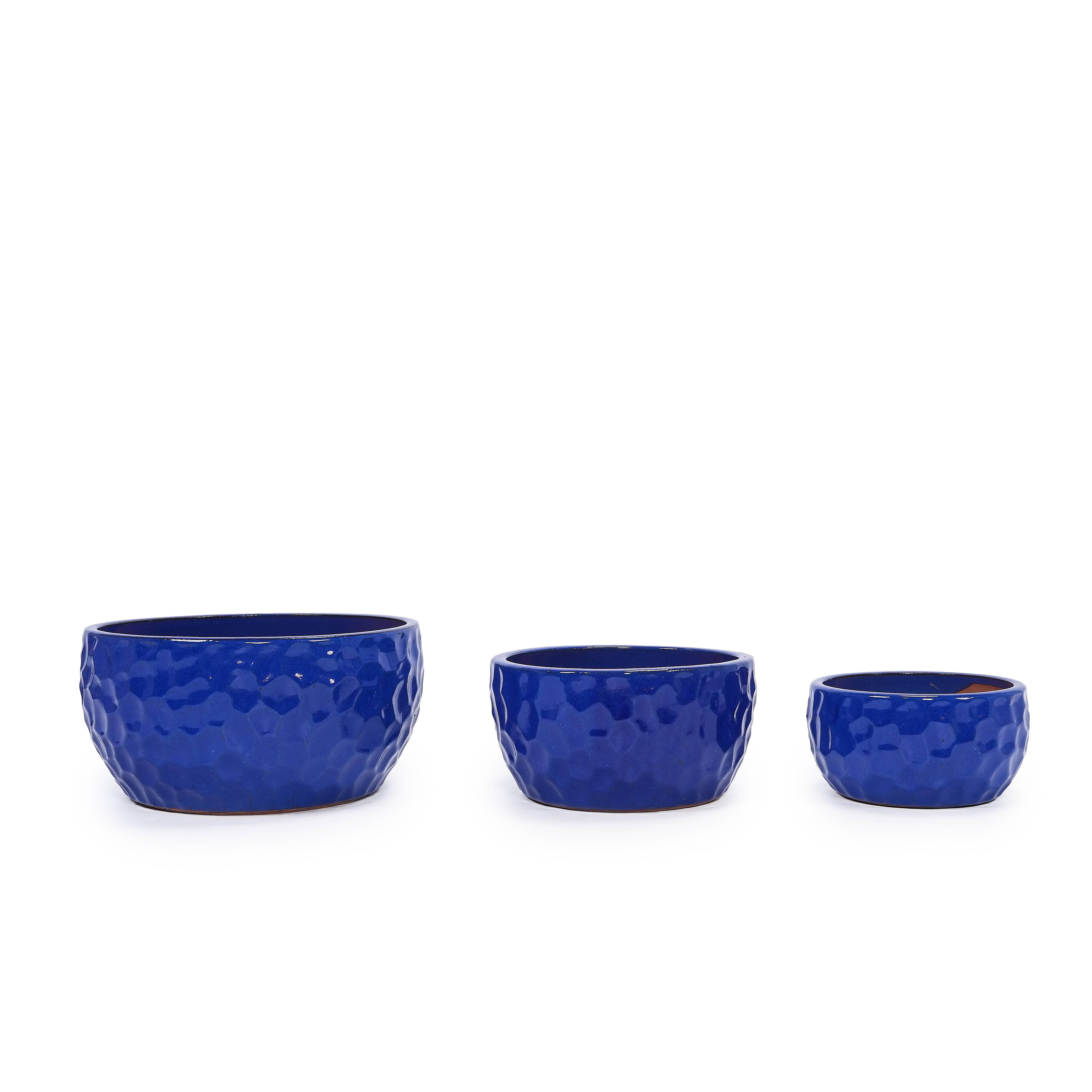 Lot de 3 Pots de Fleurs en Céramique Intérieur Extérieur Texturé Bleu Cobalt - ComfortXL Outdoor Living - Image 2