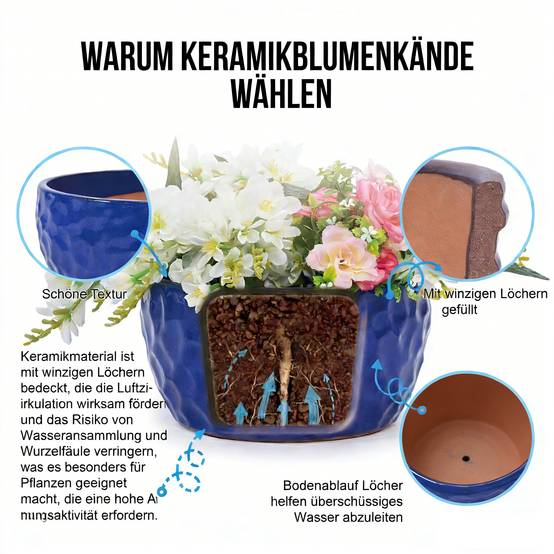 Lot de 3 Pots de Fleurs en Céramique Intérieur Extérieur Texturé Bleu Cobalt - ComfortXL Outdoor Living - Image 4