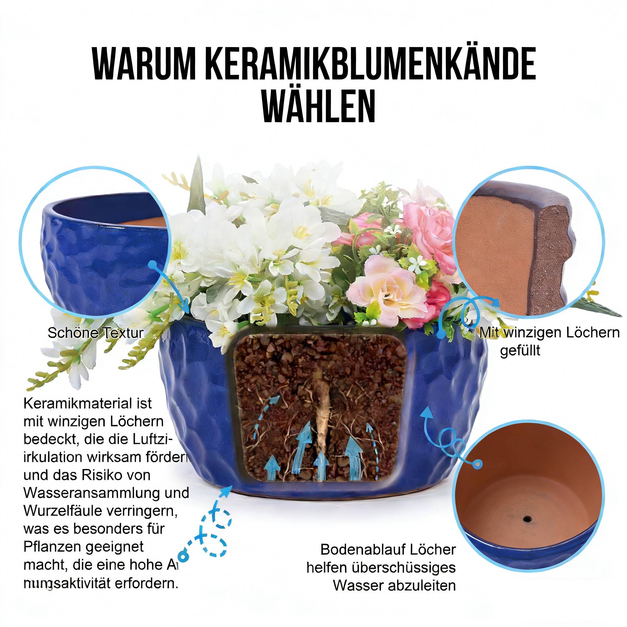 Lot de 3 Pots de Fleurs en Céramique Intérieur Extérieur Texturé Bleu Cobalt - ComfortXL Outdoor Living - Image 4