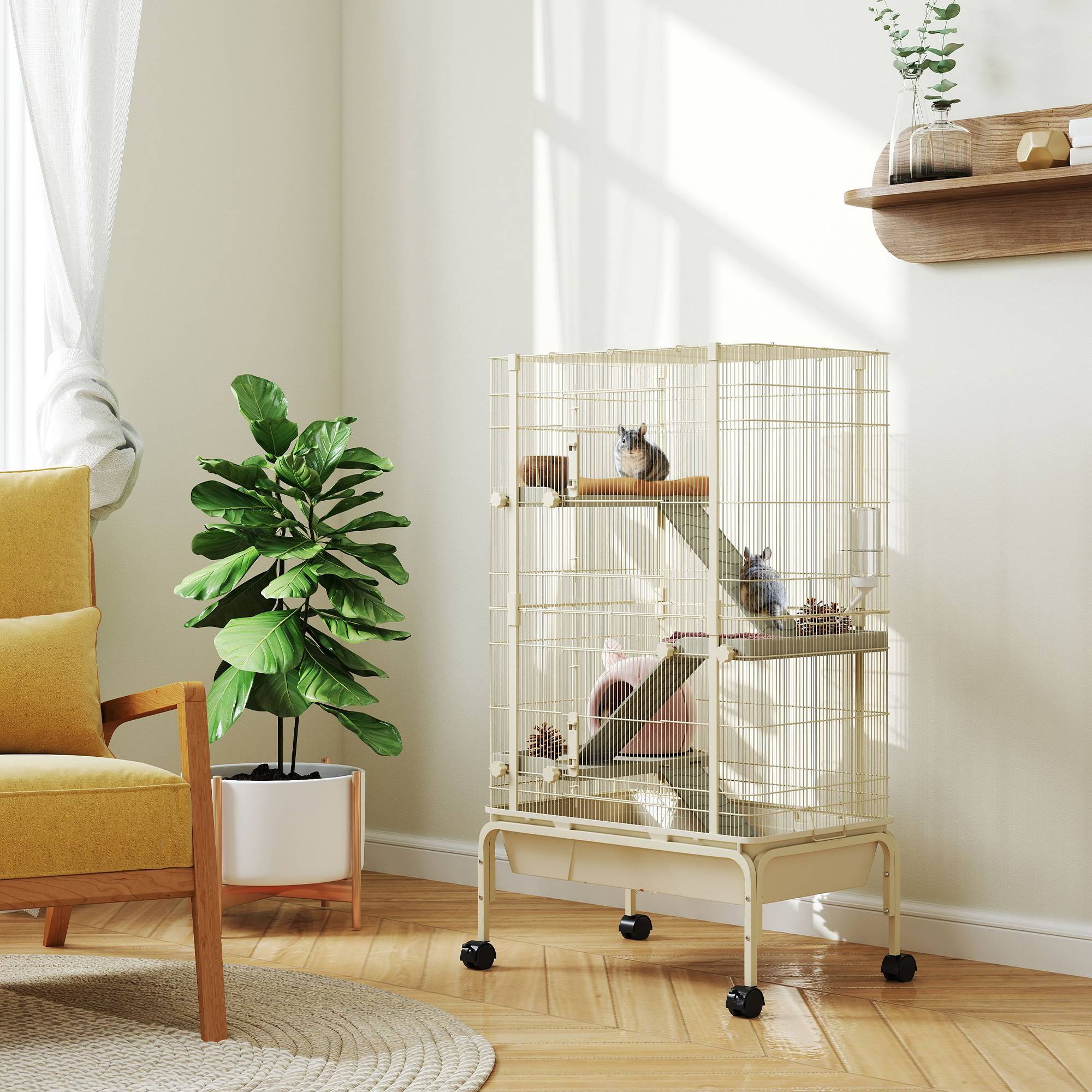 Sans Marque - Cage lapin enclos 4 niveaux 2 portes 3 rampes plateau profond roulettes 69x44x120 cm beige - Image 3
