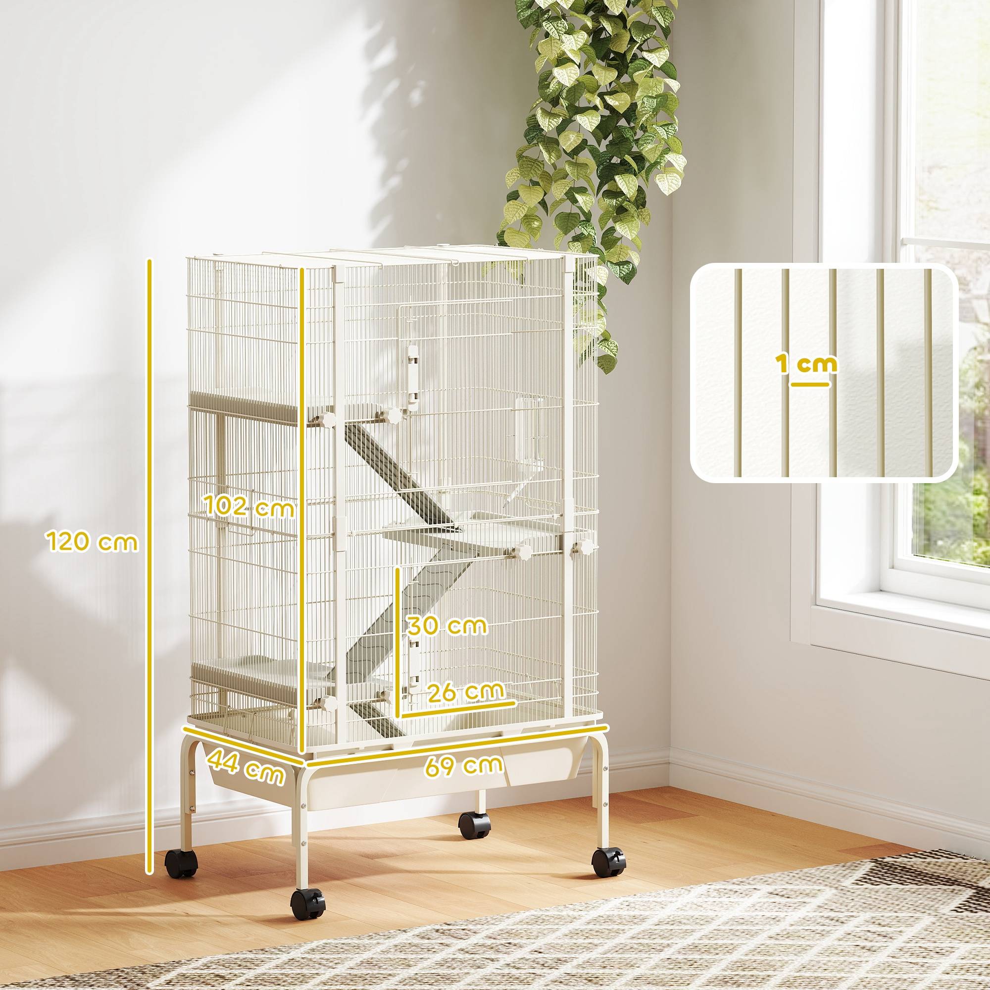 Sans Marque - Cage lapin enclos 4 niveaux 2 portes 3 rampes plateau profond roulettes 69x44x120 cm beige - Image 5