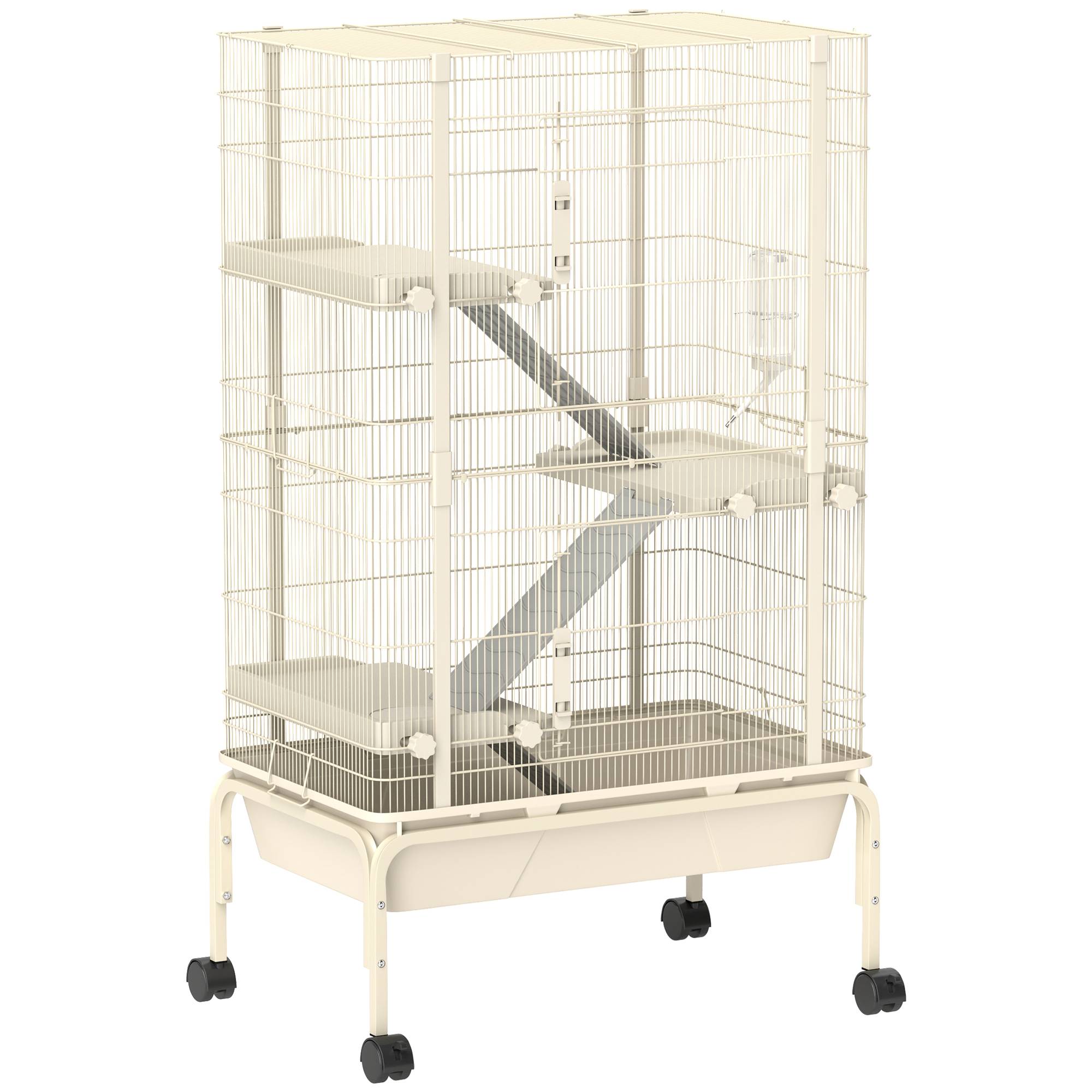 Sans Marque - Cage lapin enclos 4 niveaux 2 portes 3 rampes plateau profond roulettes 69x44x120 cm beige - Image 2