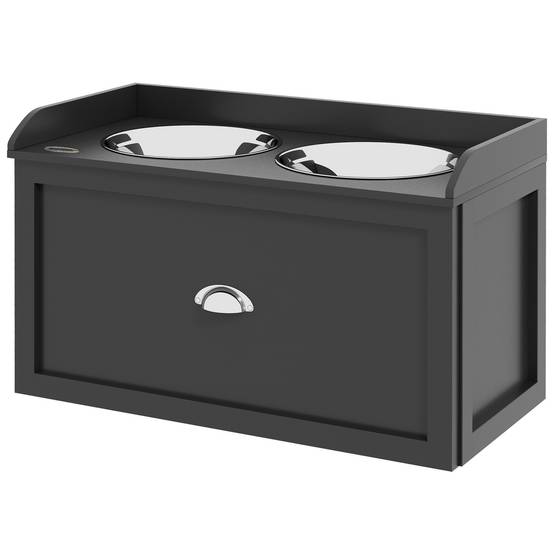 Gamelle Double Chien Chat - Porte-Gamelles Surélevé Rangement 2 en 1 - Tiroir, 2 Gamelles - Acier Inox MDF Noir - Image 2