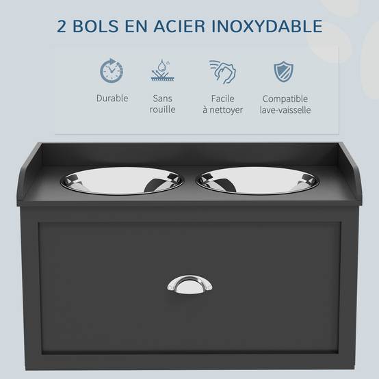 Gamelle Double Chien Chat - Porte-Gamelles Surélevé Rangement 2 en 1 - Tiroir, 2 Gamelles - Acier Inox MDF Noir - Image 8