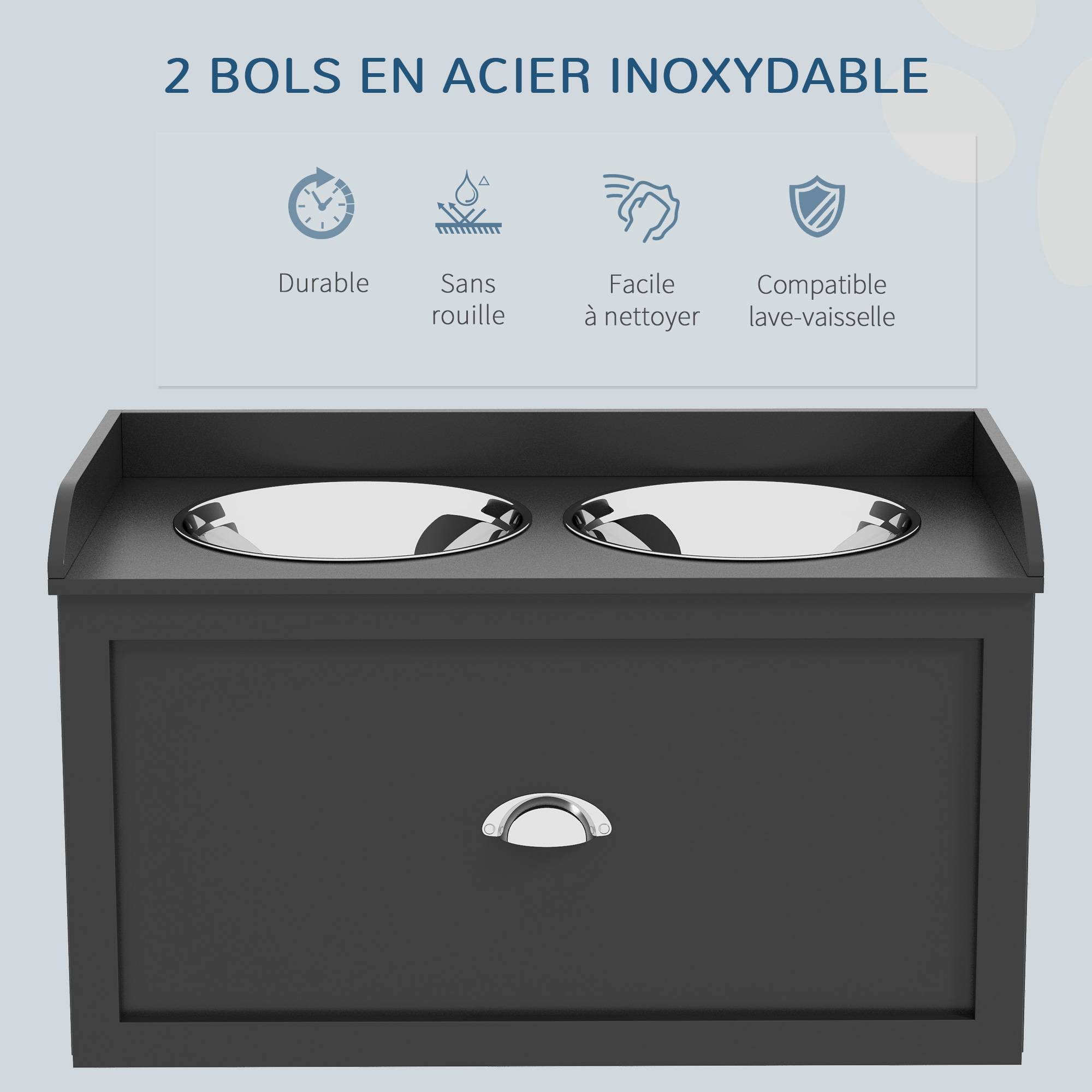 Gamelle Double Chien Chat - Porte-Gamelles Surélevé Rangement 2 en 1 - Tiroir, 2 Gamelles - Acier Inox MDF Noir - Image 8