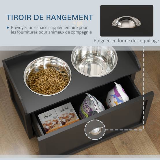 Gamelle Double Chien Chat - Porte-Gamelles Surélevé Rangement 2 en 1 - Tiroir, 2 Gamelles - Acier Inox MDF Noir - Image 7
