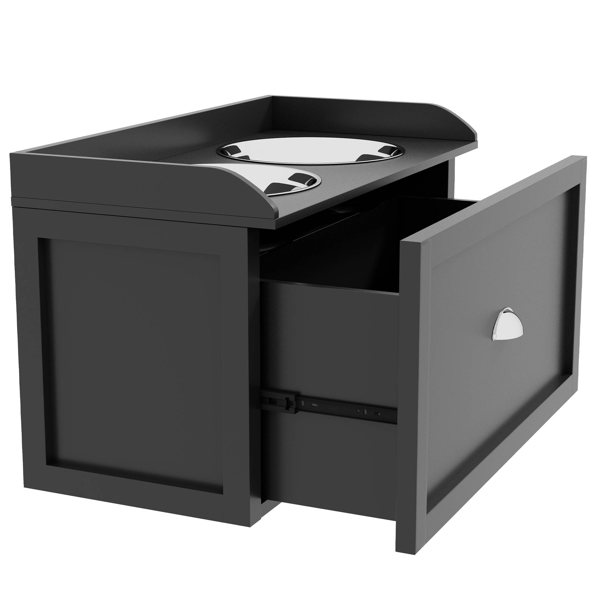 Gamelle Double Chien Chat - Porte-Gamelles Surélevé Rangement 2 en 1 - Tiroir, 2 Gamelles - Acier Inox MDF Noir - Image 9