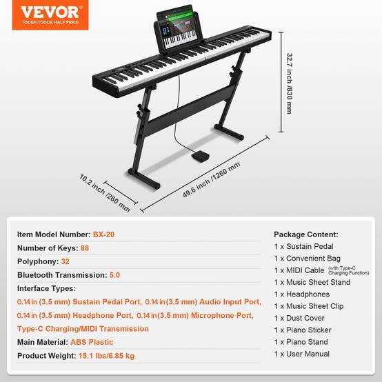 VEVOR Clavier Piano Pliable 88 Touches, Bluetooth/MIDI, Portable, Touches Sensibles, Rechargeable. - Image 7