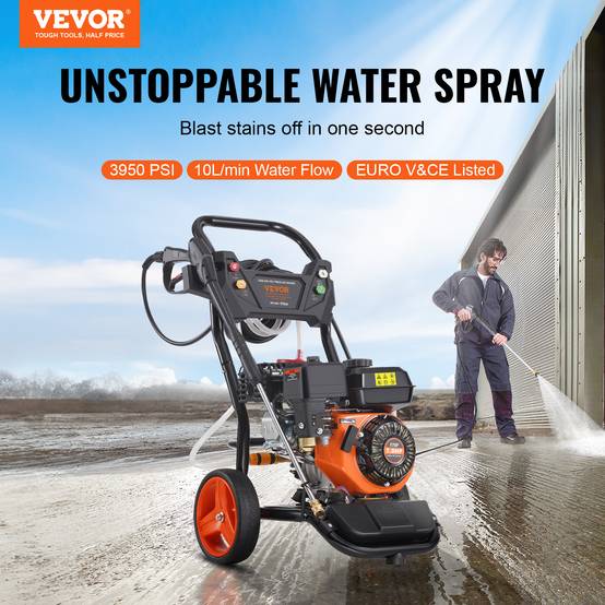 VEVOR Nettoyeur haute pression essence 3950 PSI, 10 L/min, pompe cuivre, 5 buses, pour surfaces variées. - Image 2