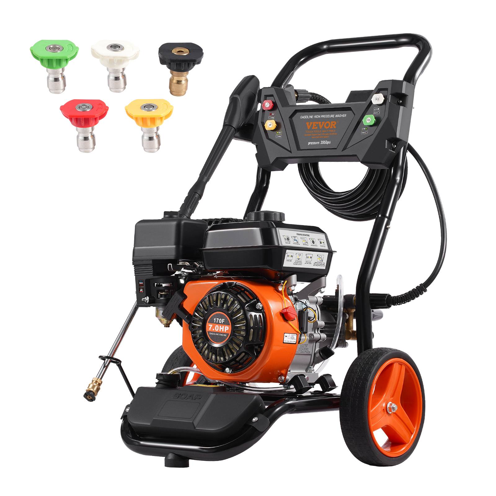 VEVOR Nettoyeur haute pression essence 3950 PSI, 10 L/min, pompe cuivre, 5 buses, pour surfaces variées.