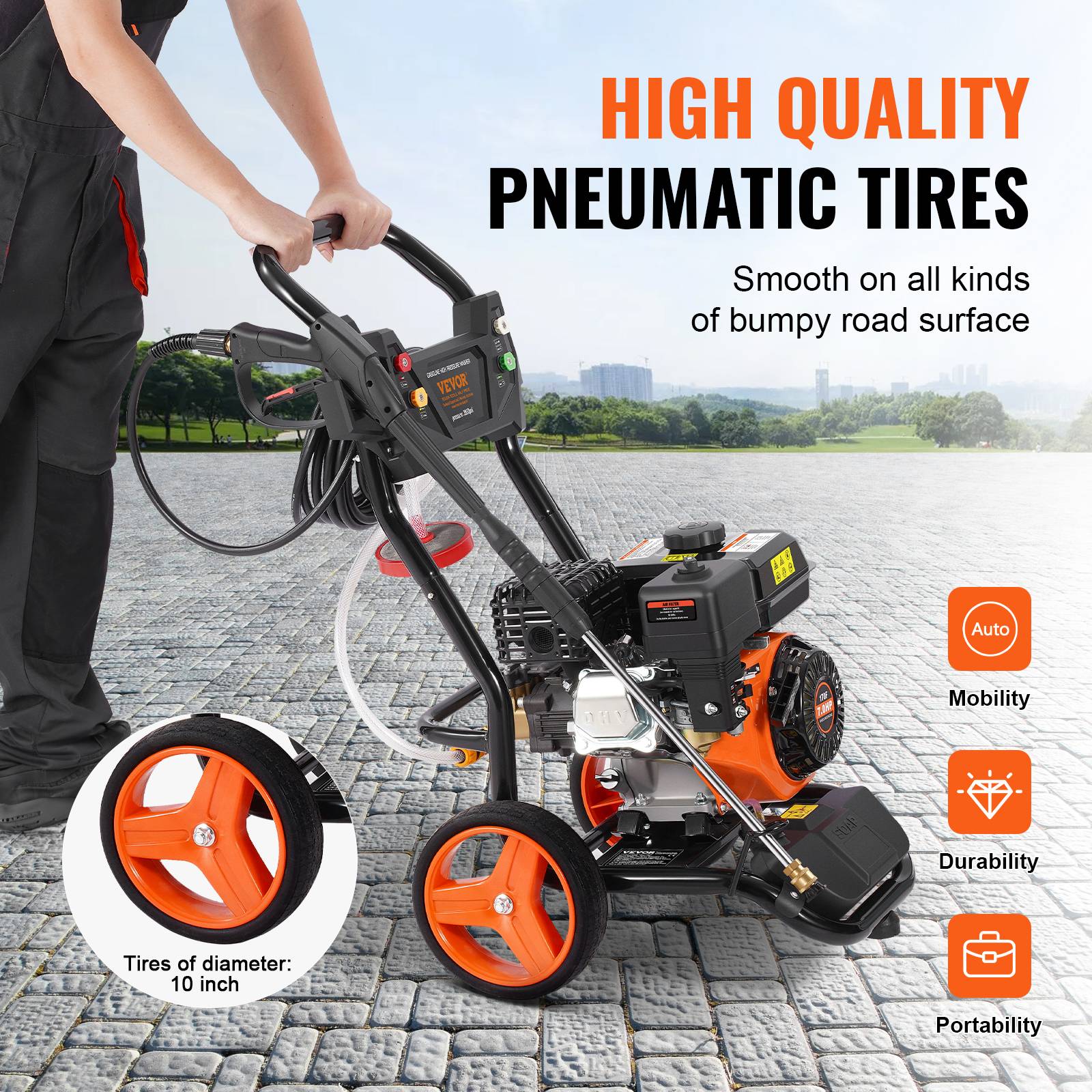 VEVOR Nettoyeur haute pression essence 3950 PSI, 10 L/min, pompe cuivre, 5 buses, pour surfaces variées. - Image 5