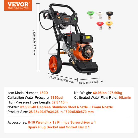 VEVOR Nettoyeur haute pression essence 3950 PSI, 10 L/min, pompe cuivre, 5 buses, pour surfaces variées. - Image 7