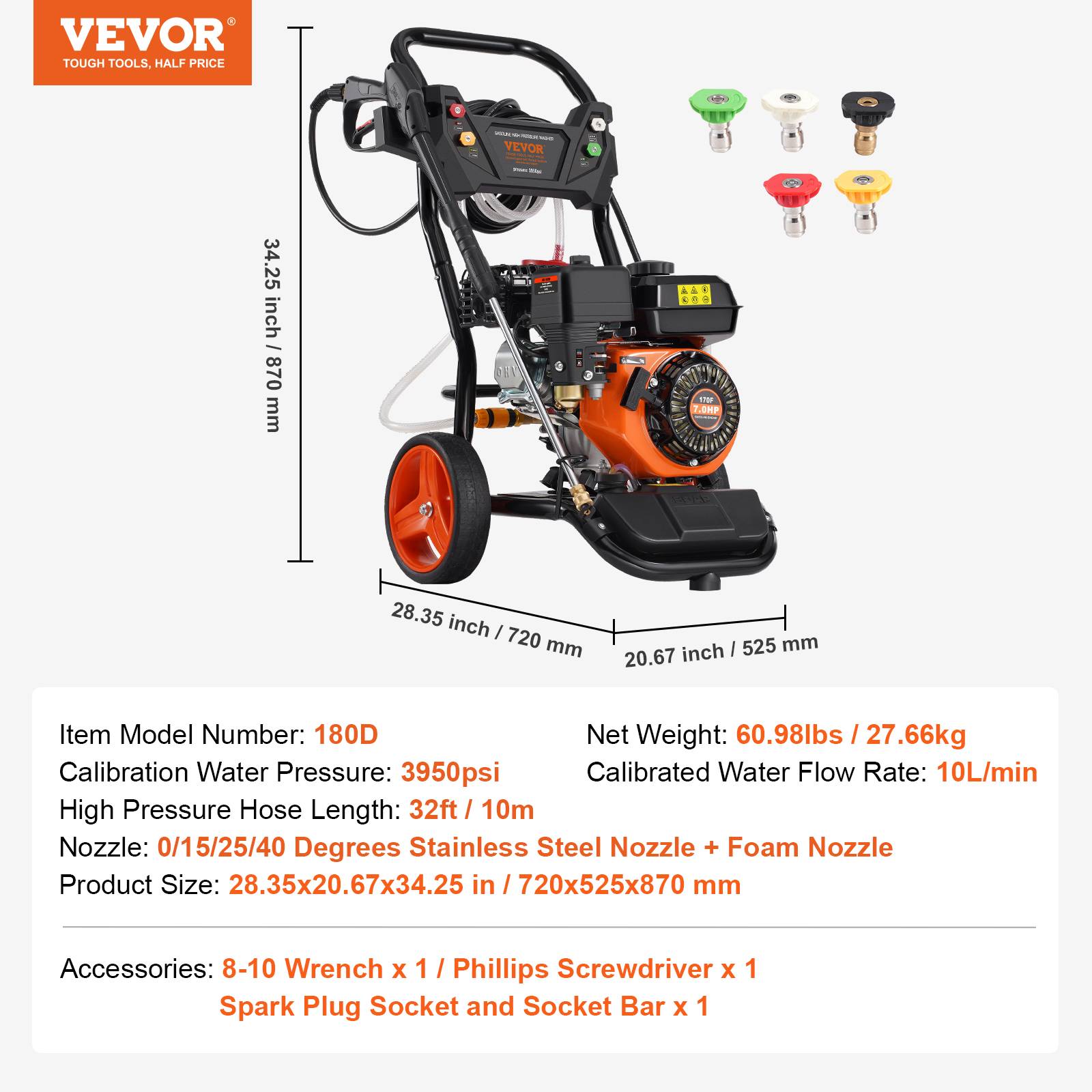 VEVOR Nettoyeur haute pression essence 3950 PSI, 10 L/min, pompe cuivre, 5 buses, pour surfaces variées. - Image 7