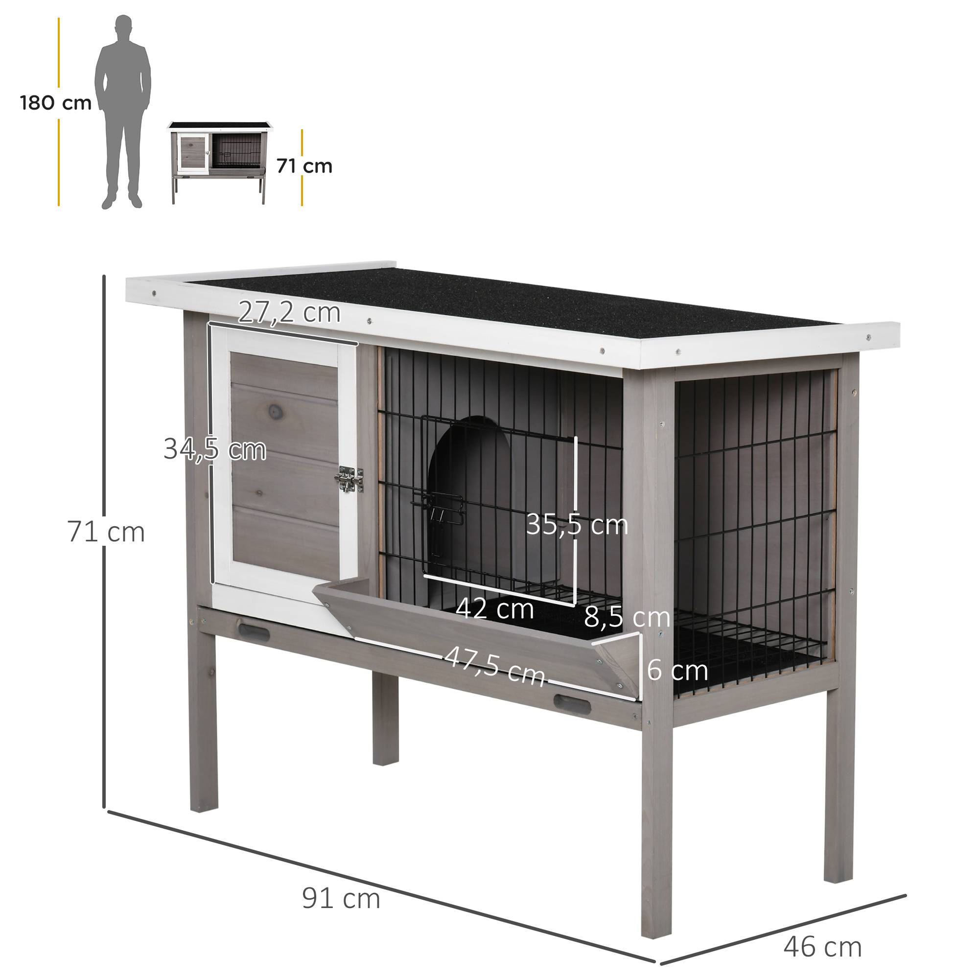 Clapier en bois pour lapin avec toit en asphalte mangeoire plateau amovible et 2 portes 91 x 46 x 71 cm gris - Image 5