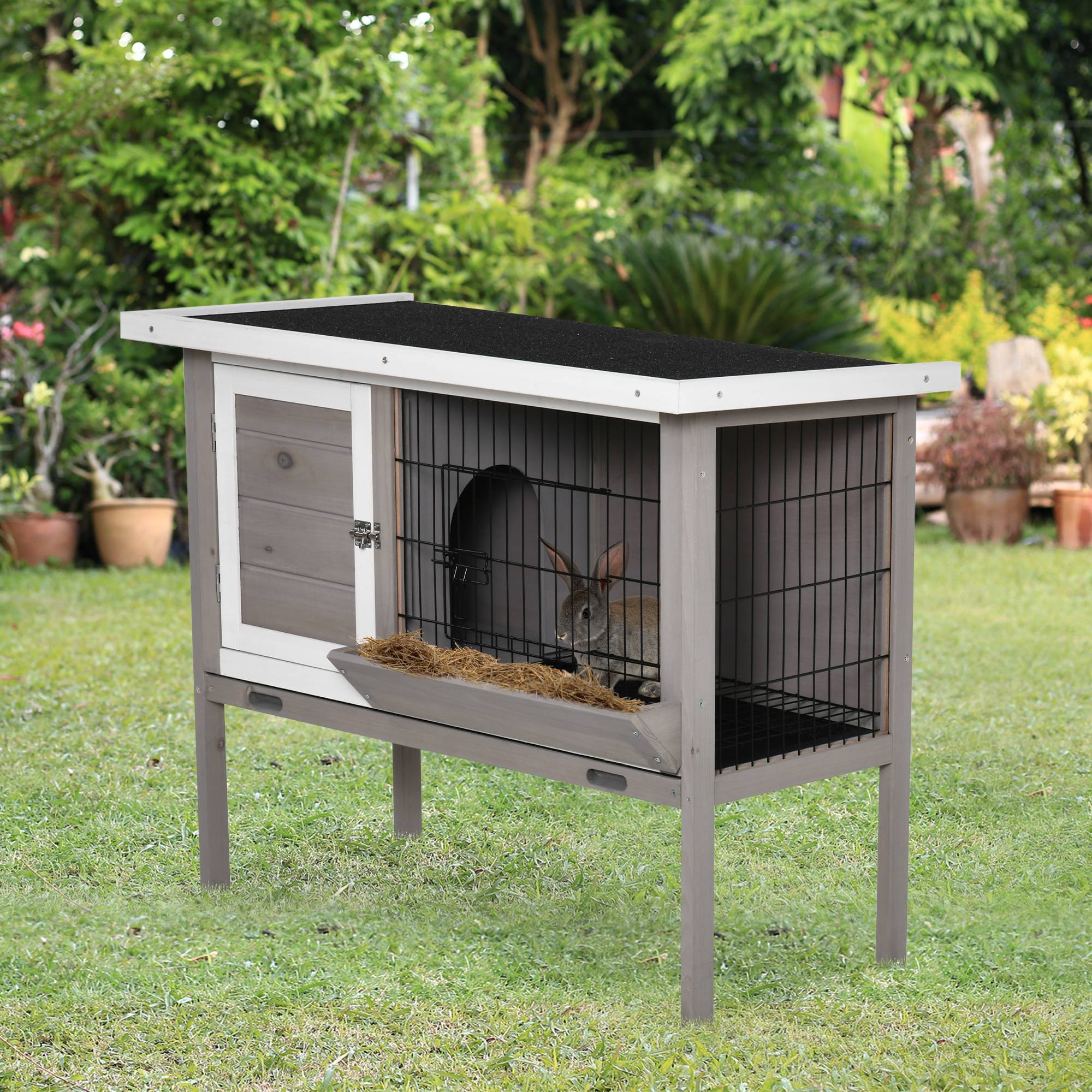 Clapier en bois pour lapin avec toit en asphalte mangeoire plateau amovible et 2 portes 91 x 46 x 71 cm gris - Image 3