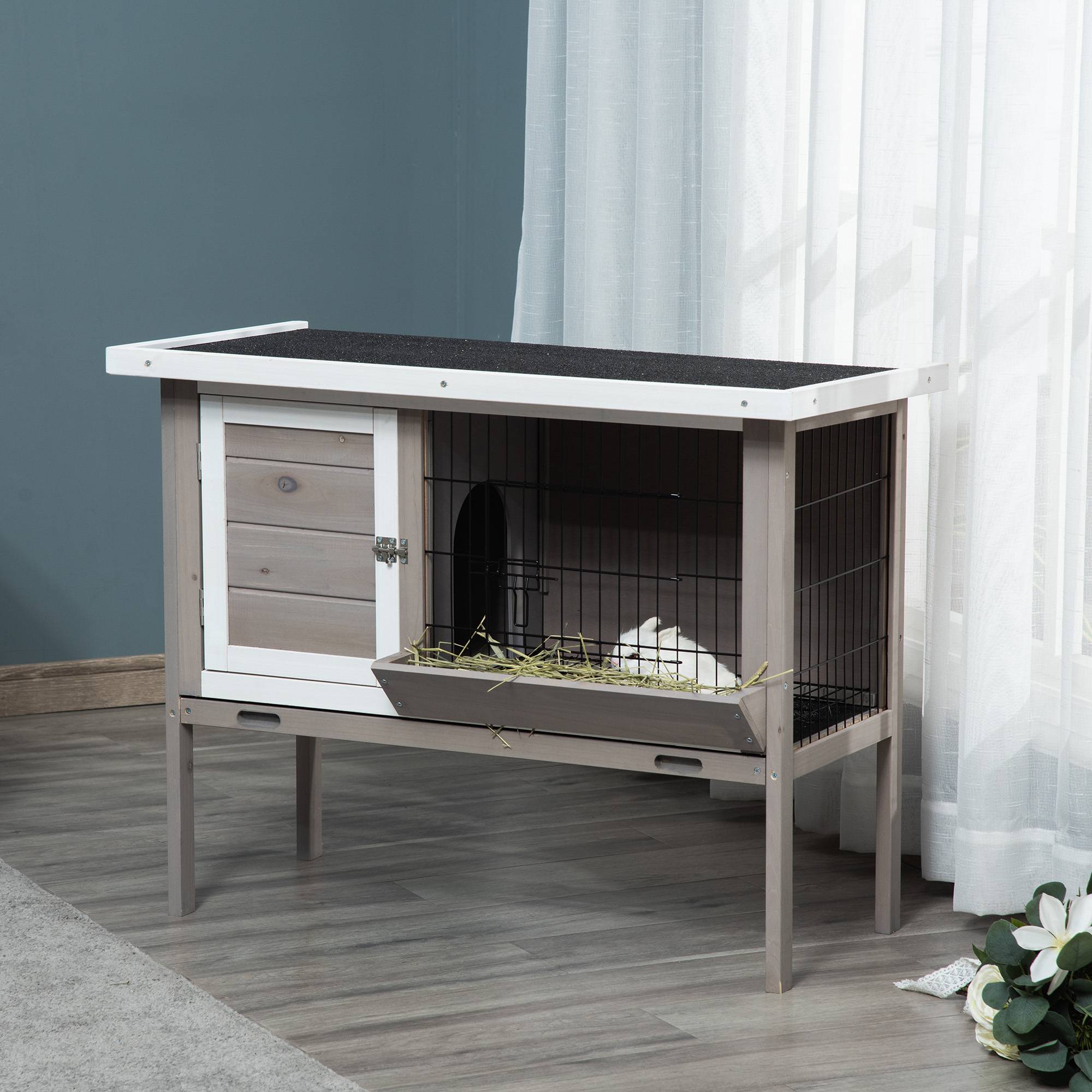 Clapier en bois pour lapin avec toit en asphalte mangeoire plateau amovible et 2 portes 91 x 46 x 71 cm gris - Image 4