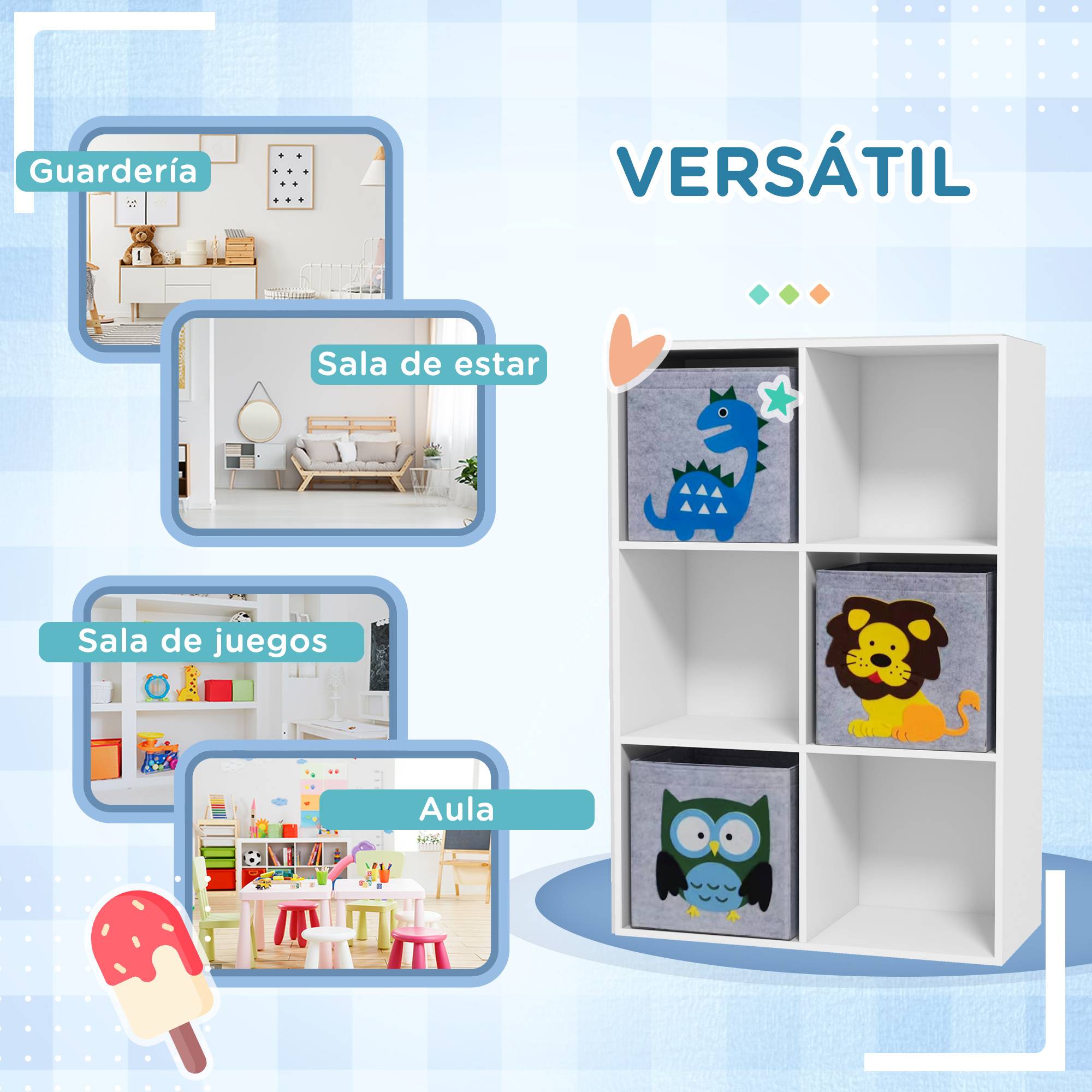 Bibliothèque pour enfants dès 3 ans, 6 compartiments et 3 tiroirs, revêtement en tissu non tissé, 61,8 x 29,9 x 91,5 cm, blanc et gris - Image 10