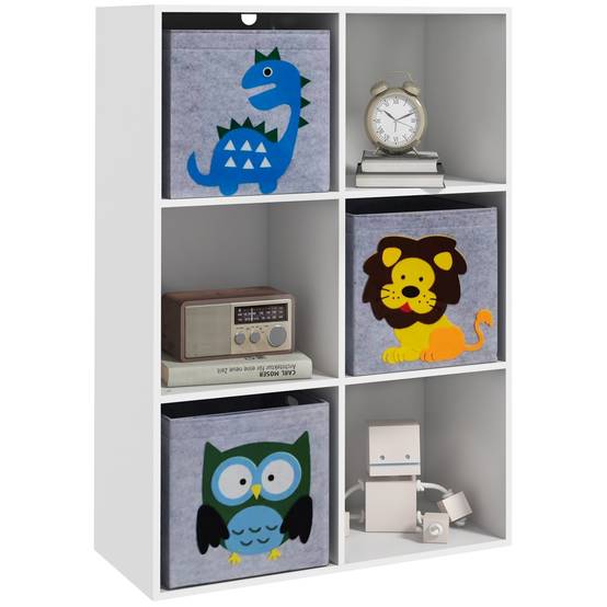 Bibliothèque pour enfants dès 3 ans, 6 compartiments et 3 tiroirs, revêtement en tissu non tissé, 61,8 x 29,9 x 91,5 cm, blanc et gris - Image 1