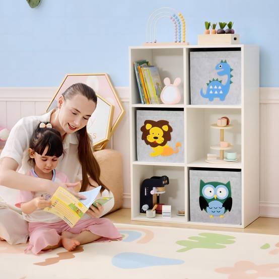 Bibliothèque pour enfants dès 3 ans, 6 compartiments et 3 tiroirs, revêtement en tissu non tissé, 61,8 x 29,9 x 91,5 cm, blanc et gris - Image 3