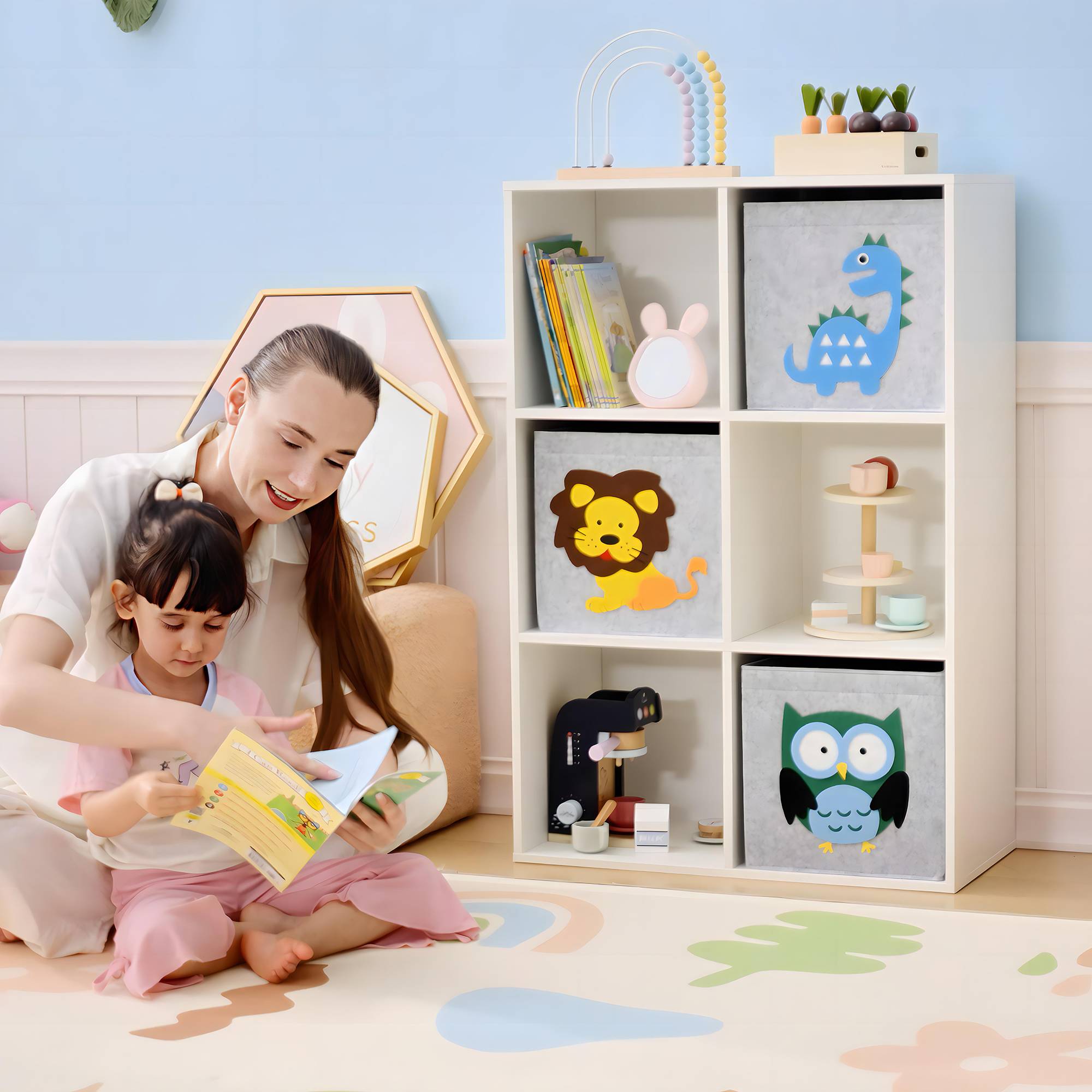 Bibliothèque pour enfants dès 3 ans, 6 compartiments et 3 tiroirs, revêtement en tissu non tissé, 61,8 x 29,9 x 91,5 cm, blanc et gris - Image 3