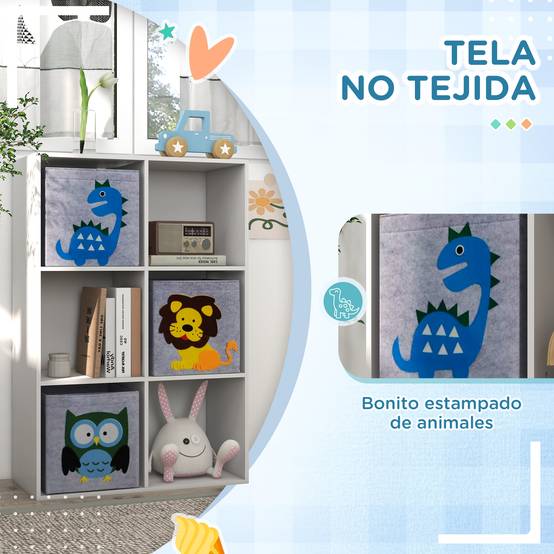 Bibliothèque pour enfants dès 3 ans, 6 compartiments et 3 tiroirs, revêtement en tissu non tissé, 61,8 x 29,9 x 91,5 cm, blanc et gris - Image 7