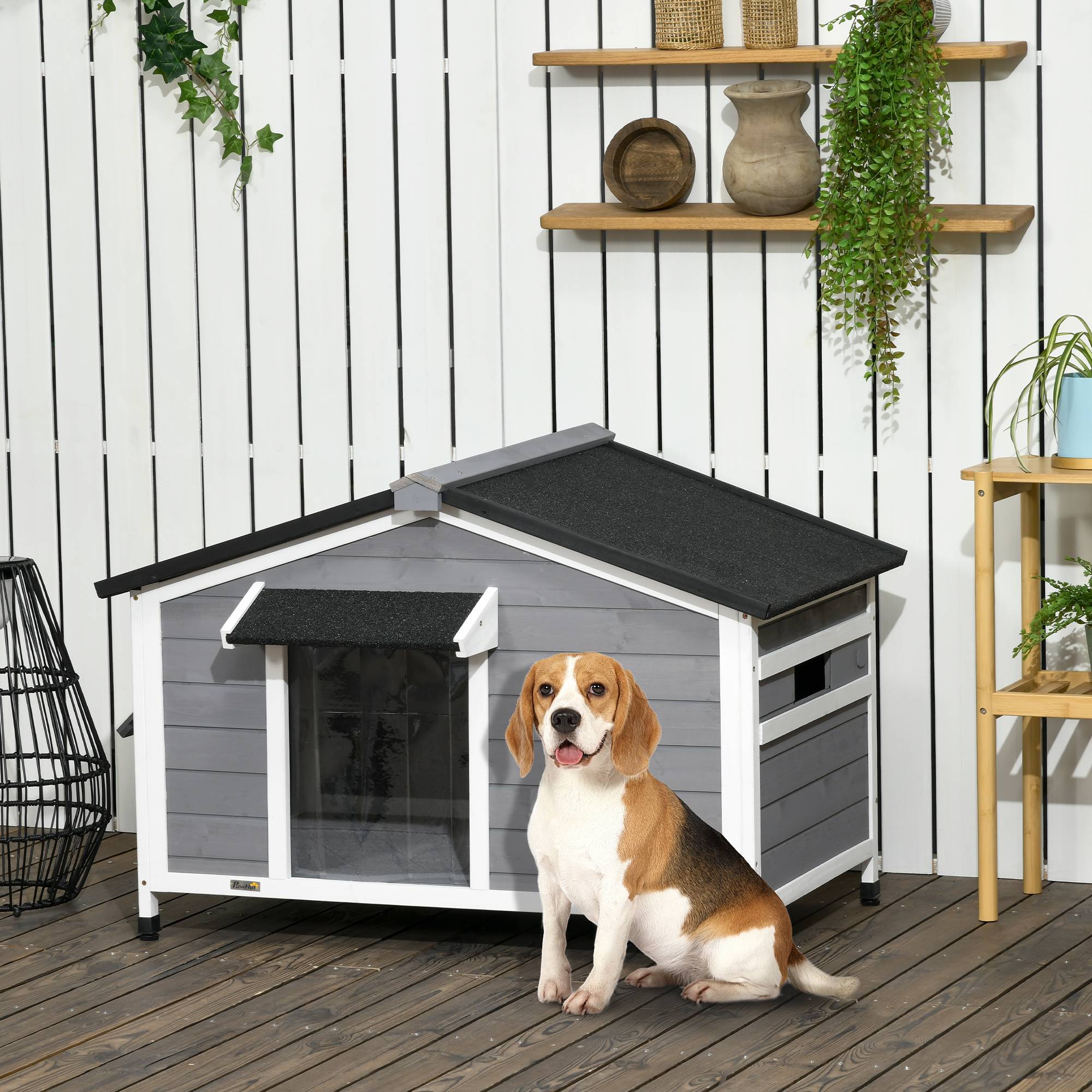 Sans Marque - Niche chien style cottage - 2 fenêtres, porte, toit ouvrant bitumé - dim. 109 x 79 x 72 cm - bois sapin gris - Image 3