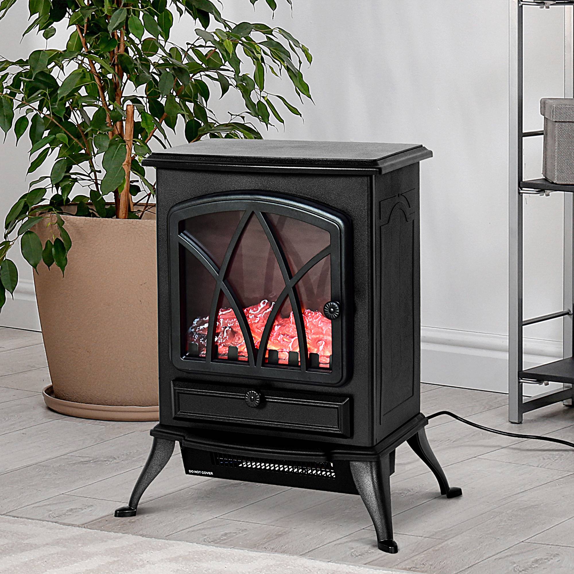 Cheminée électrique mobile 1000W/2000W poêle sur pied silencieux avec effet de flammes, couverture 30 m² noir - Image 4
