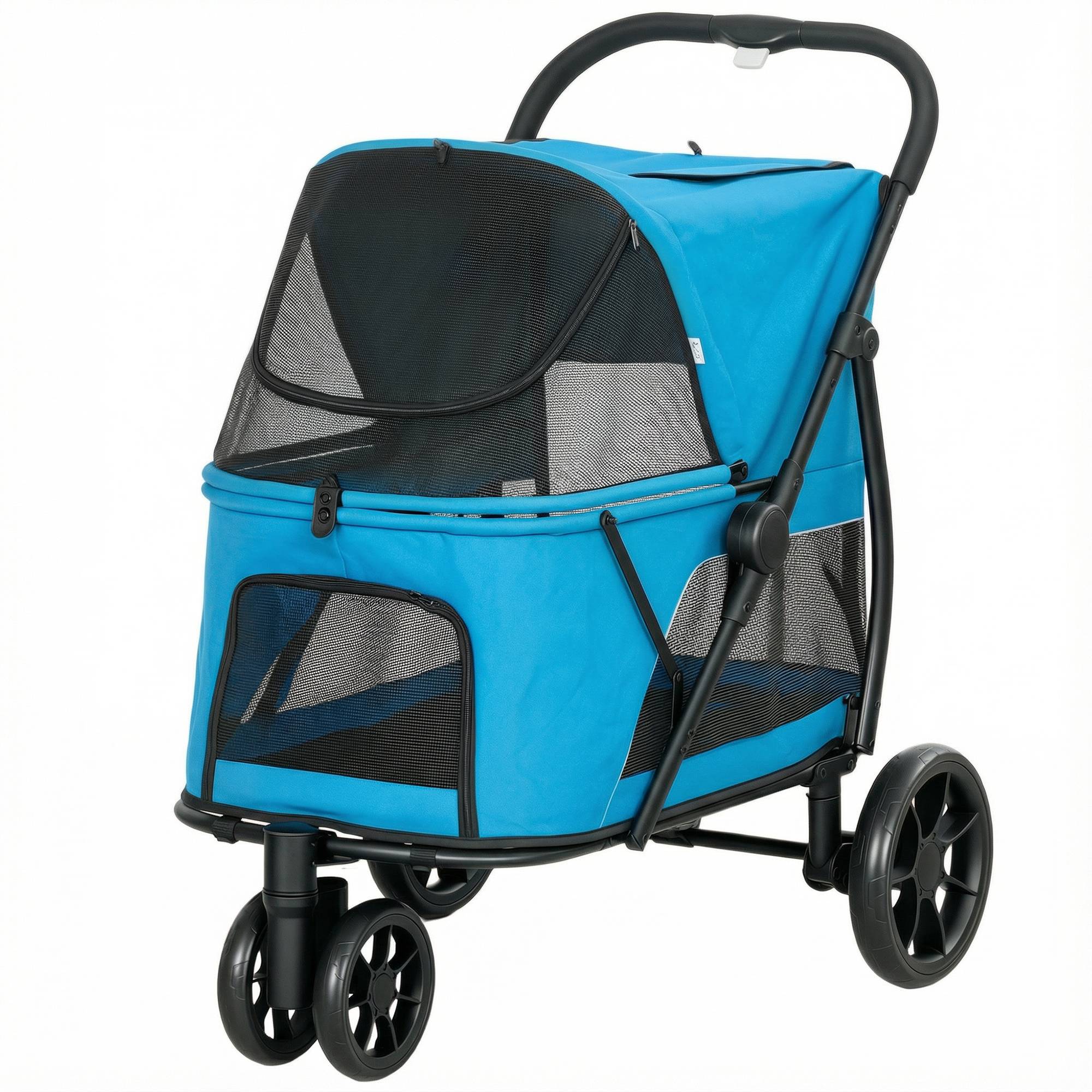 Poussette pliable pour chien à 3 roues, fenêtres en filet, coussin lavable, tout terrain, capacité de charge 20 kg, 92 x 63 x 95 cm, bleue - Image 2