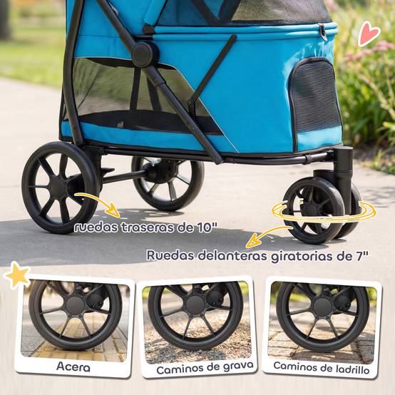 Poussette pliable pour chien à 3 roues, fenêtres en filet, coussin lavable, tout terrain, capacité de charge 20 kg, 92 x 63 x 95 cm, bleue - Image 7